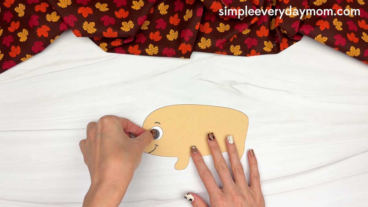 Hands gluing the eye onto the hedgehog body for the Hedgehog Name Craft.