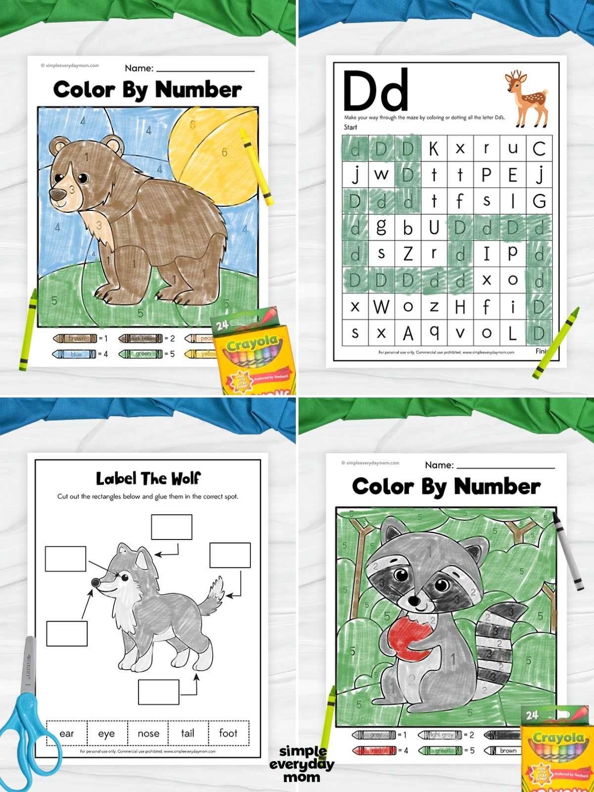 Four woodland-animal activity worksheets featuring a bear color-by-number page, a letter D maze with a deer, a wolf-labeling exercise, and a raccoon color-by-number page.