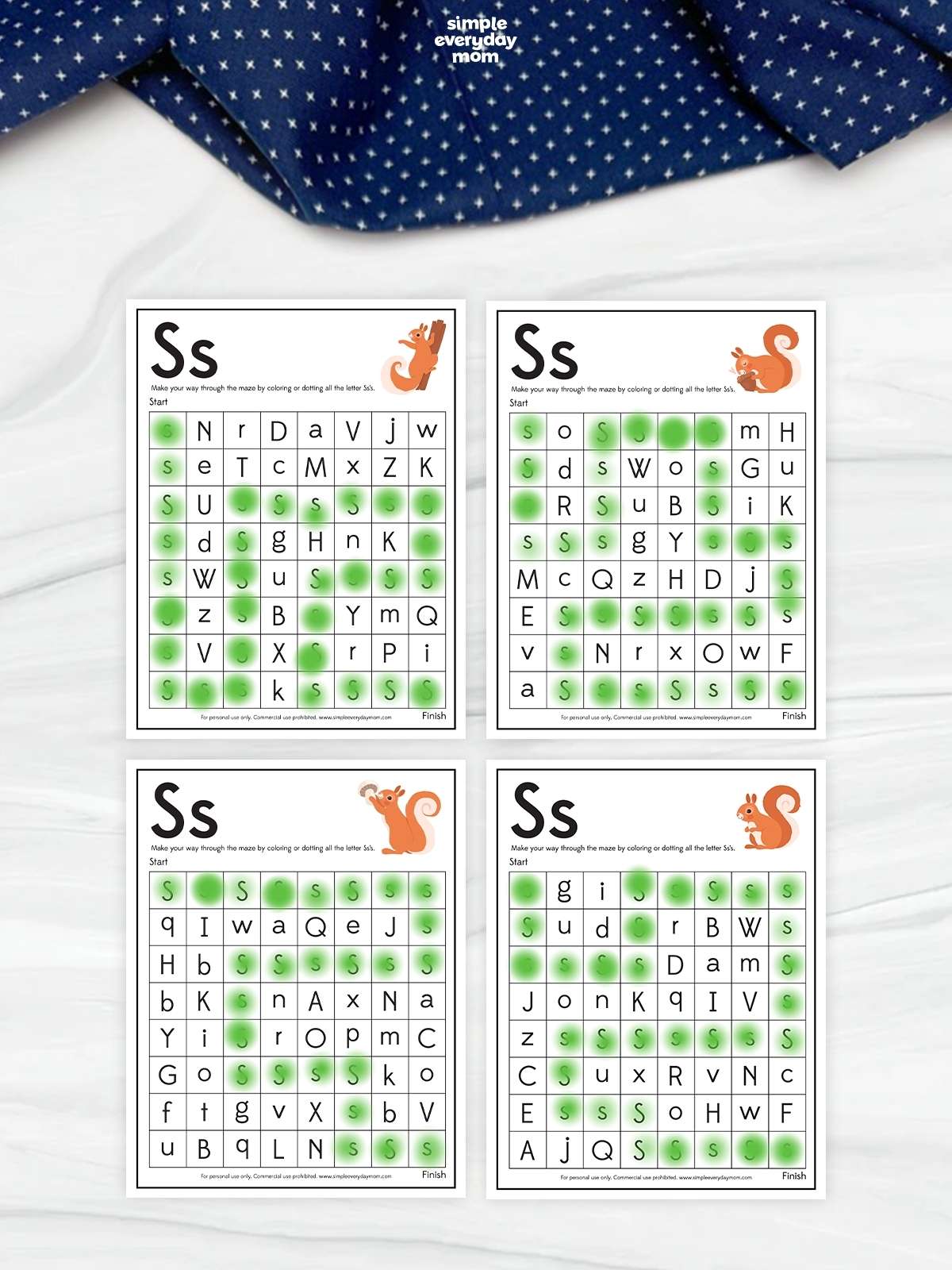 Four letter S maze worksheets arranged in a grid, each featuring a squirrel illustration and mixed-letter maze with green dotted paths connecting uppercase and lowercase S letters.