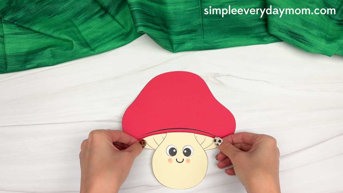 Hands positioning a large red cap over the smiling mushroom face for the mushroom name craft.