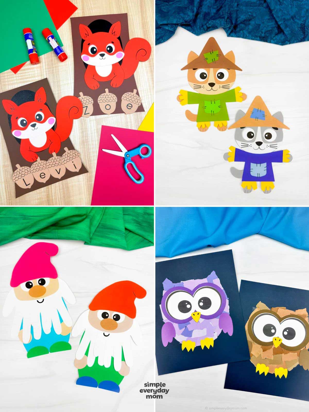 Collage of four fall animal crafts featuring squirrel name activities, cats dressed as scarecrows, colorful gnomes, and textured paper owls.