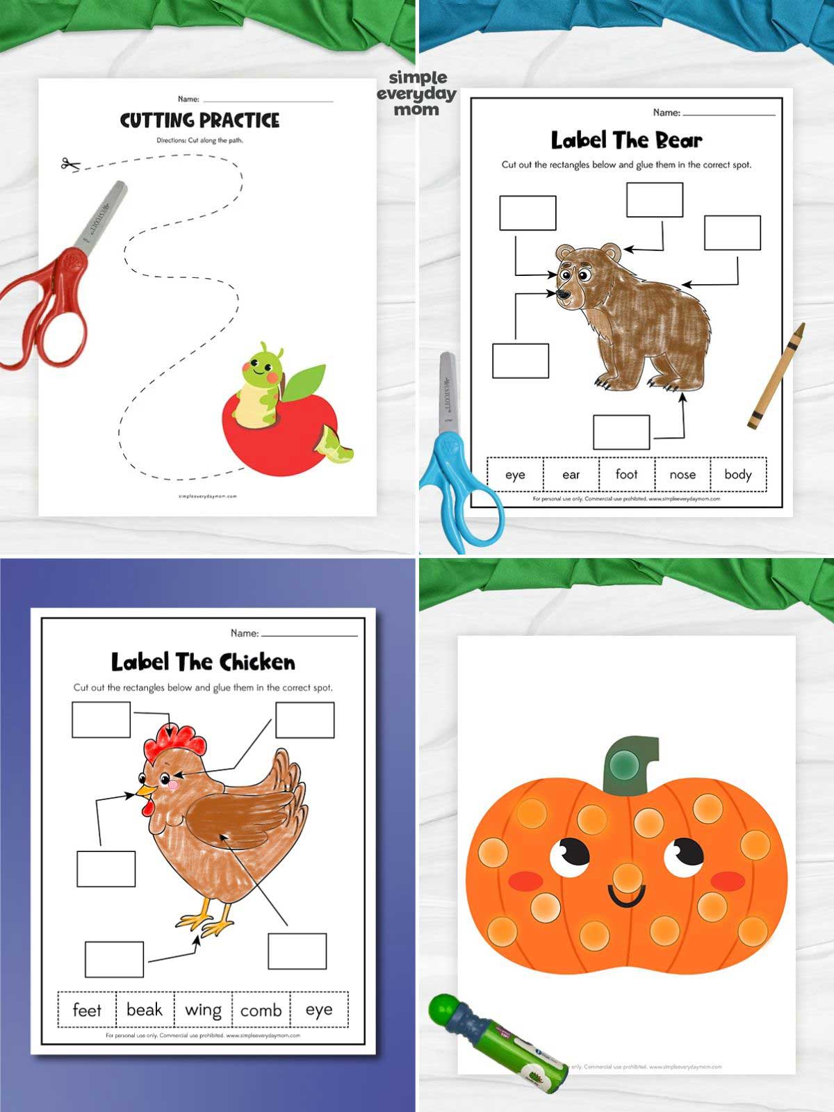 Four preschool activity worksheets featuring apple cutting practice, bear and chicken body-part labeling, and a pumpkin dot-marker activity.