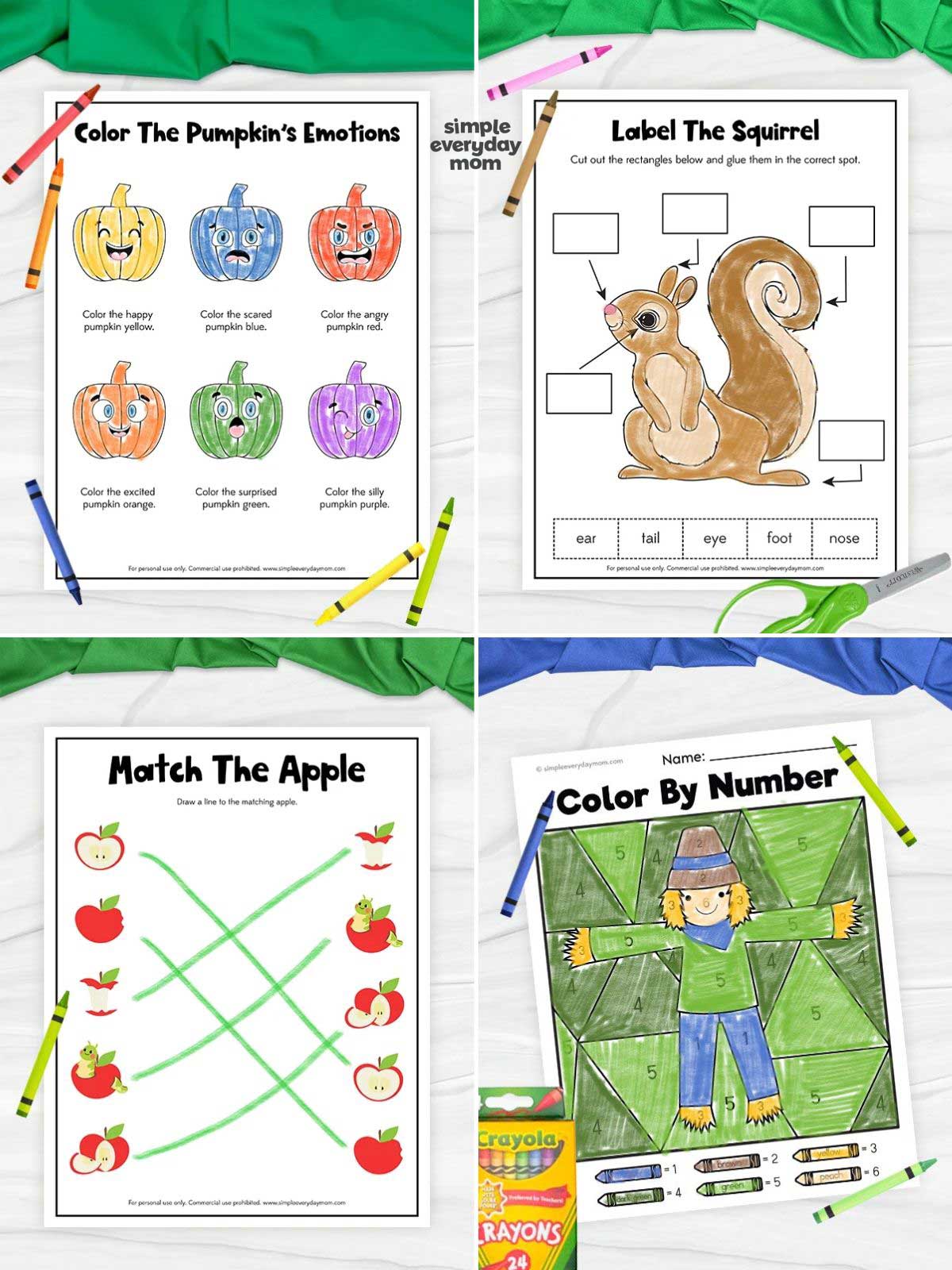 Four fall-themed children’s worksheets featuring pumpkin emotions, squirrel body-part labeling, apple matching, and a scarecrow color-by-number activity.