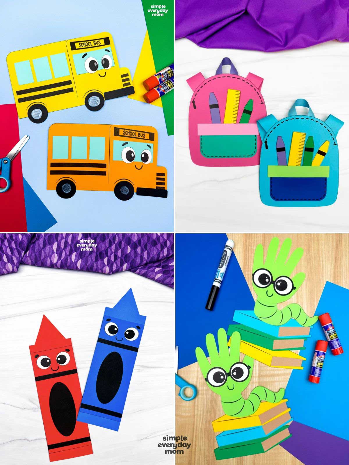 Collage of colorful back-to-school crafts featuring paper school buses, backpacks filled with school supplies, crayon characters, and bookworm crafts sitting on stacks of books.