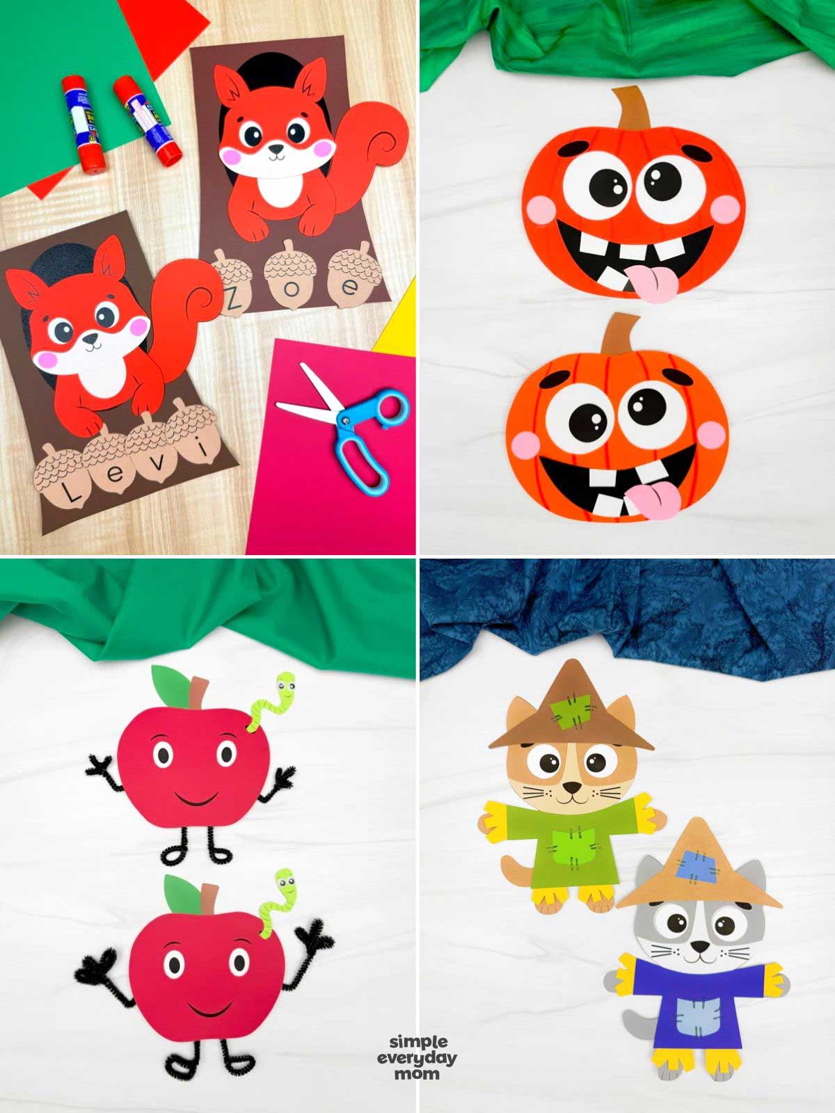 Four fall craft ideas featuring a squirrel letter-matching activity, silly pumpkins, wormy apples, and scarecrow cats made from colorful paper.