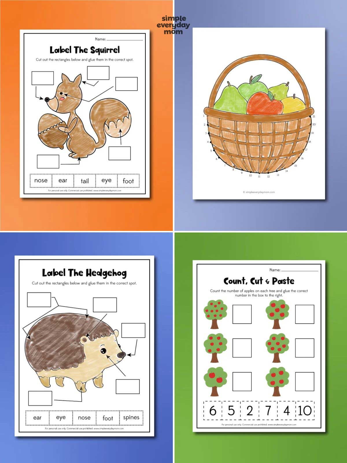 Collage of four fall learning worksheets featuring squirrel and hedgehog body-part labeling, a numbered fruit basket activity, and an apple-tree counting cut-and-paste activity.
