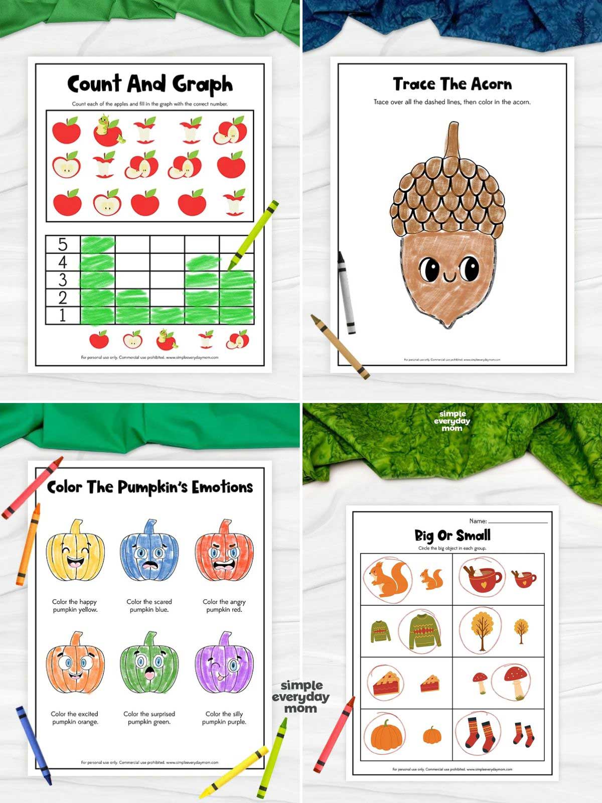 This collection of fall worksheets gives kids a fun way to practice early learning skills with seasonal themes like apples, acorns, pumpkins, and woodland objects. Activities include counting and graphing, tracing, exploring emotions, and comparing big and small objects. These printables are great for preschool and kindergarten learning at home or in the classroom.
