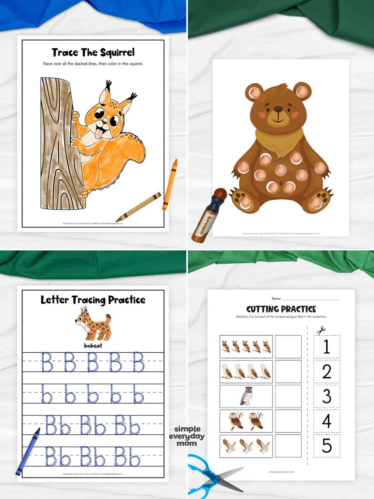 Four children’s activity worksheets featuring a squirrel tracing page, bear dot-marker activity, letter B tracing practice, and animal counting and cutting exercise.