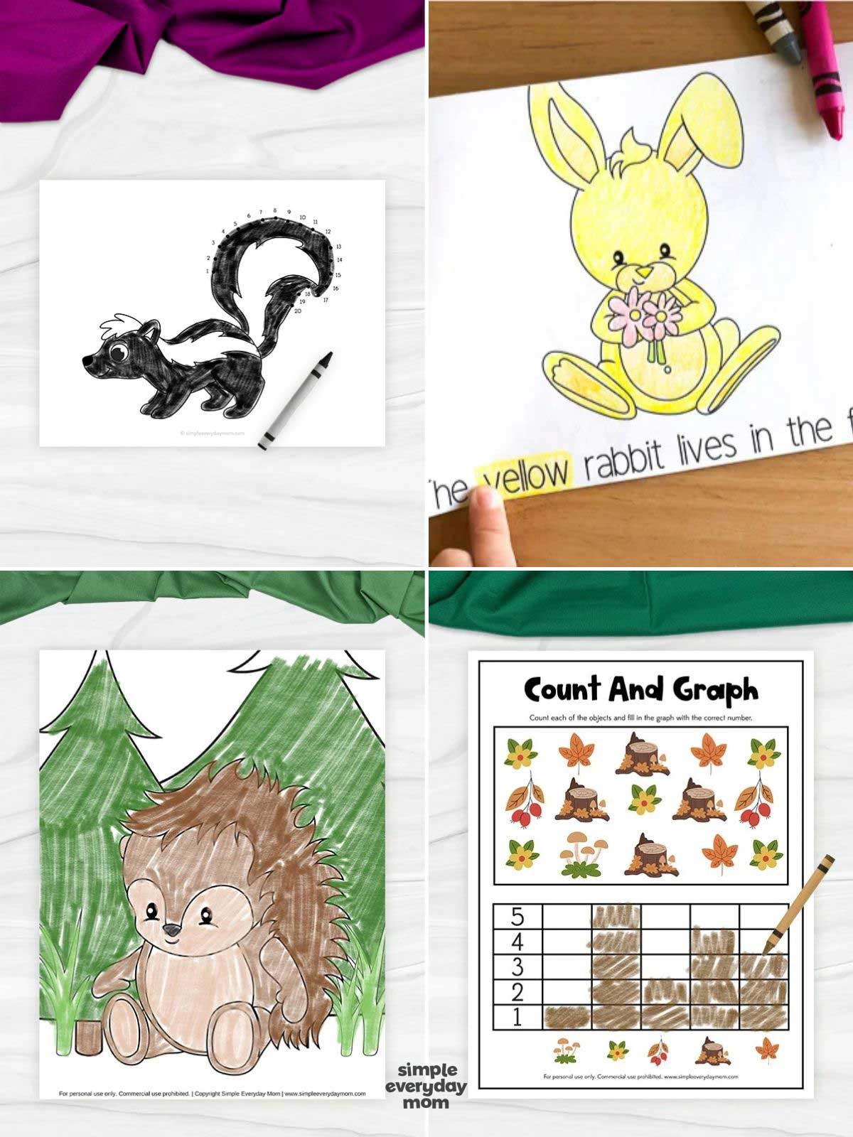Collage of four fall learning worksheets featuring a skunk dot-to-dot, yellow rabbit coloring and reading activity, hedgehog coloring page, and fall-themed counting graph.