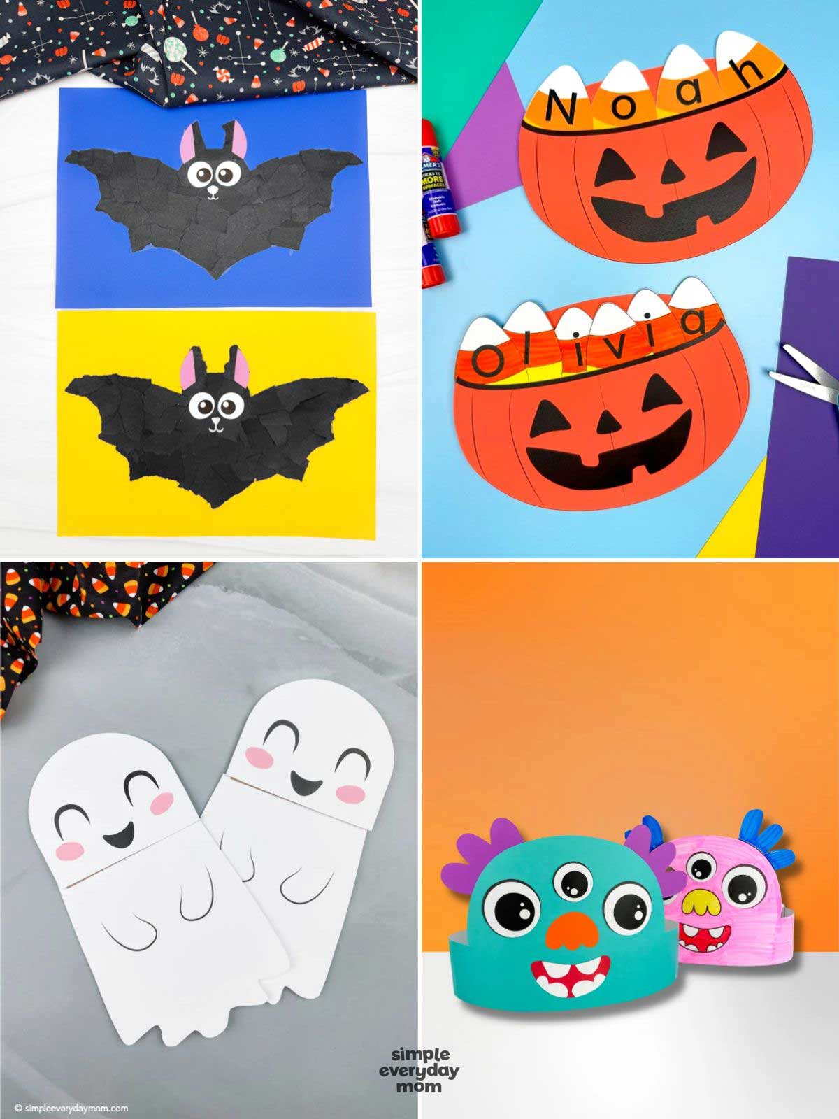 Collage of four Halloween paper crafts: black bats, jack-o’-lantern name crafts with candy corn letters, smiling white ghosts, and colorful three-eyed monster hats.