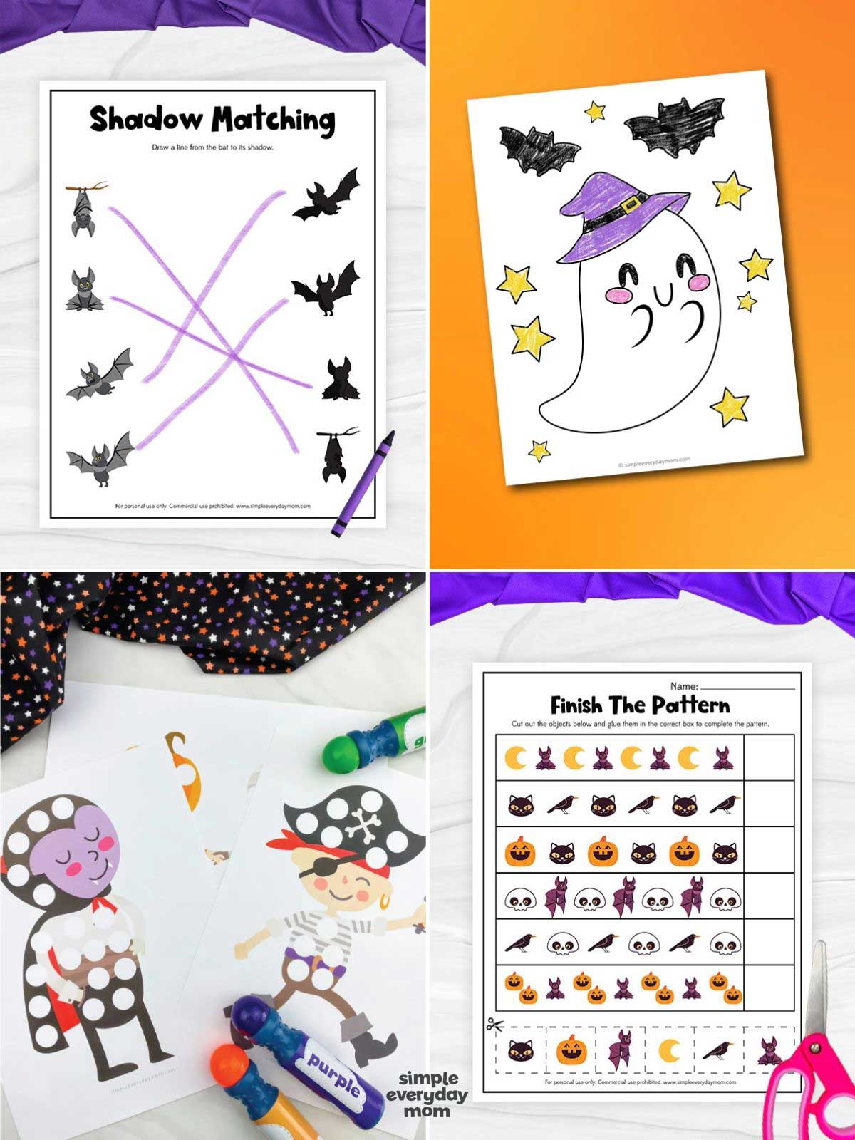Collage of four Halloween activities: a bat shadow-matching worksheet, a coloring page of a ghost wearing a purple witch hat, a dot-marker page with costumed children, and a worksheet for completing patterns of Halloween symbols.