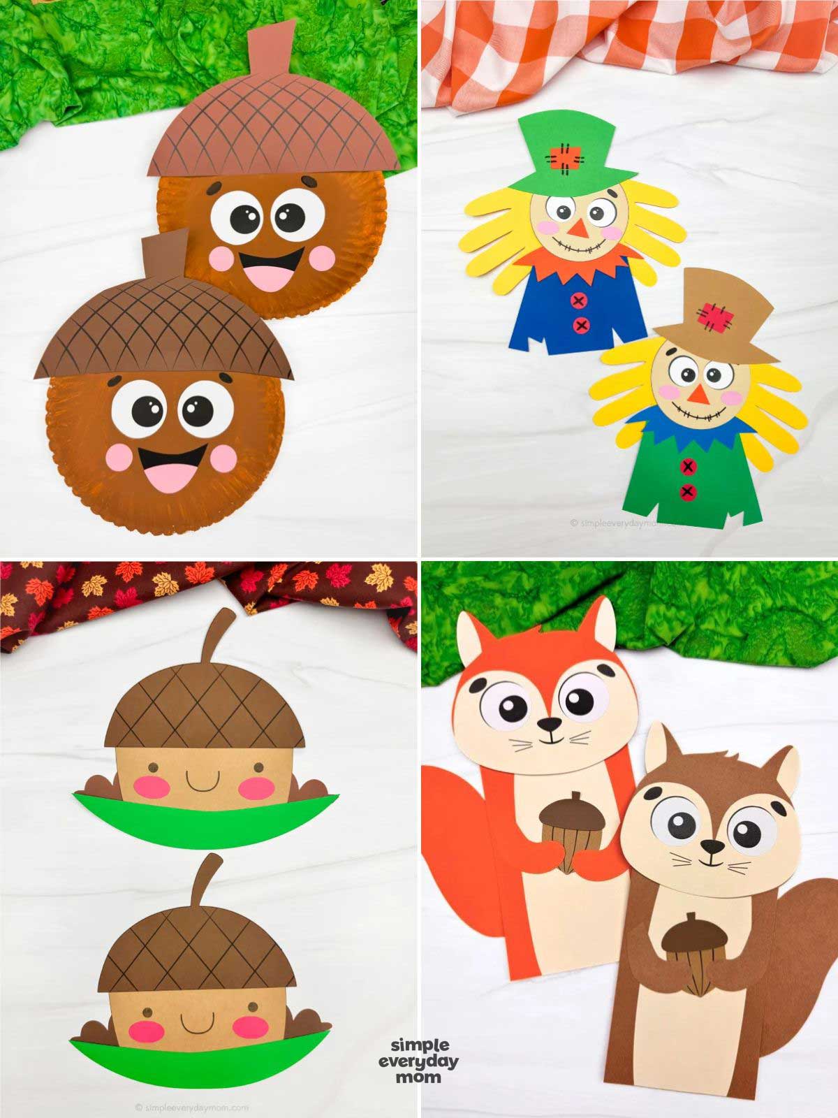 Collage of fall paper crafts featuring smiling acorns, colorful scarecrows, acorn characters, and squirrels holding acorns.