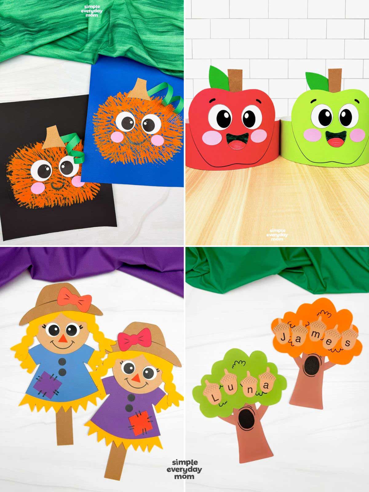 Four fall-themed kids’ crafts featuring textured pumpkins, smiling red and green apples, paper scarecrows, and name-learning trees with lettered acorns.
