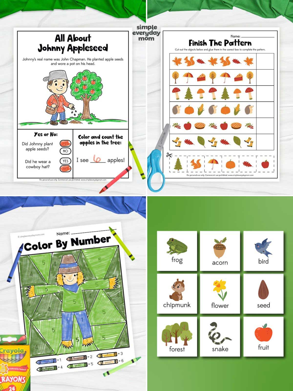 Four fall learning activities featuring a Johnny Appleseed worksheet, fall pattern matching, a scarecrow color-by-number page, and illustrated nature vocabulary cards.