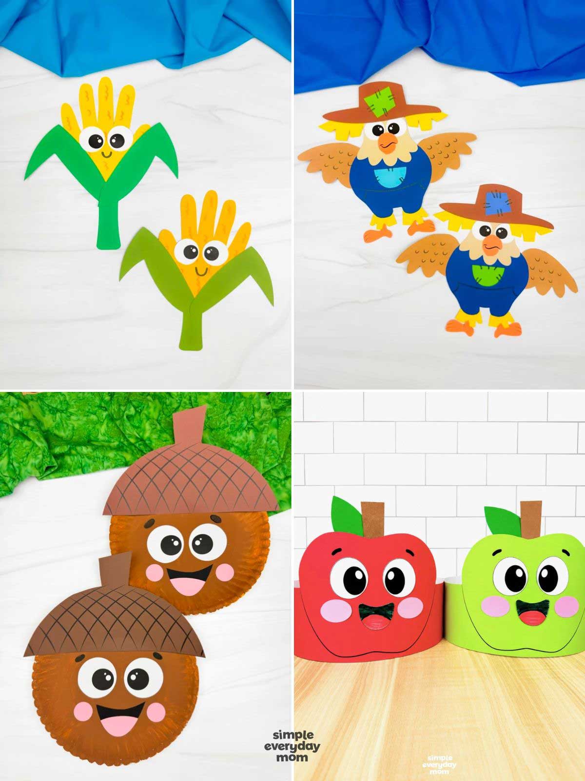 Collage of four fall crafts featuring handprint corn, paper scarecrows, smiling acorns, and red and green apple characters.
