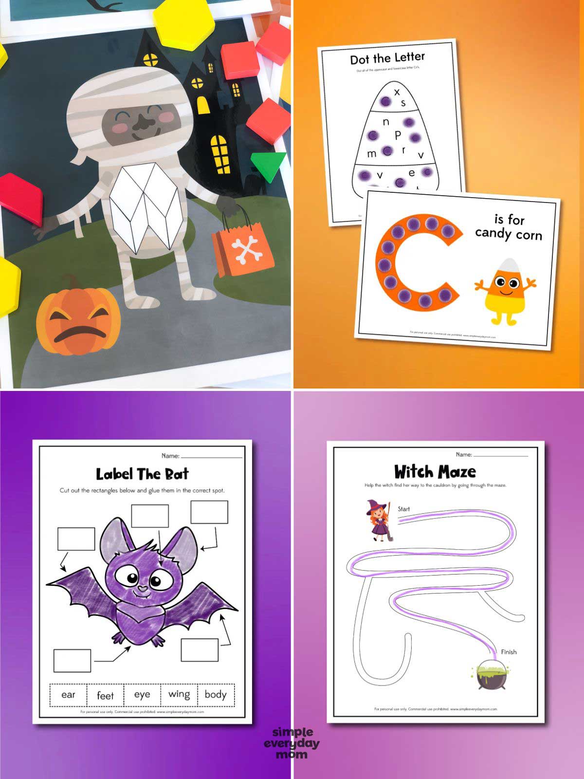 Collage of four Halloween learning activities: a mummy shape-matching puzzle, candy corn letter-dot worksheets, a “Label the Bat” worksheet, and a witch maze leading to a cauldron.