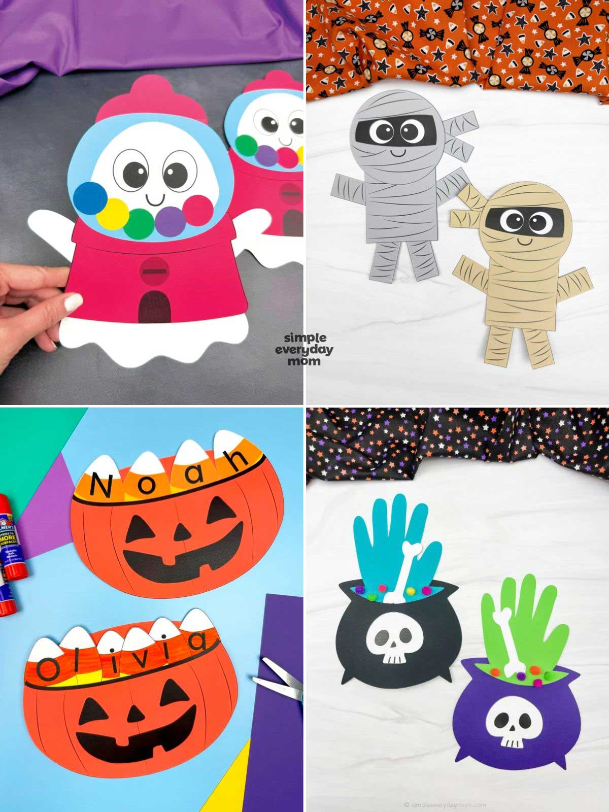Collage of four Halloween paper crafts: colorful gumball machines, wrapped mummies, pumpkin candy-corn name crafts, and bubbling cauldrons with hand-shaped contents and bones.