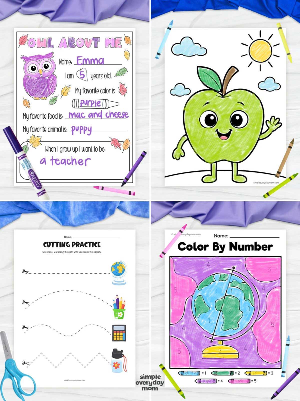 Collage of back-to-school printable activities including an “All About Me” worksheet, apple coloring page, cutting practice sheet, and globe color-by-number page.