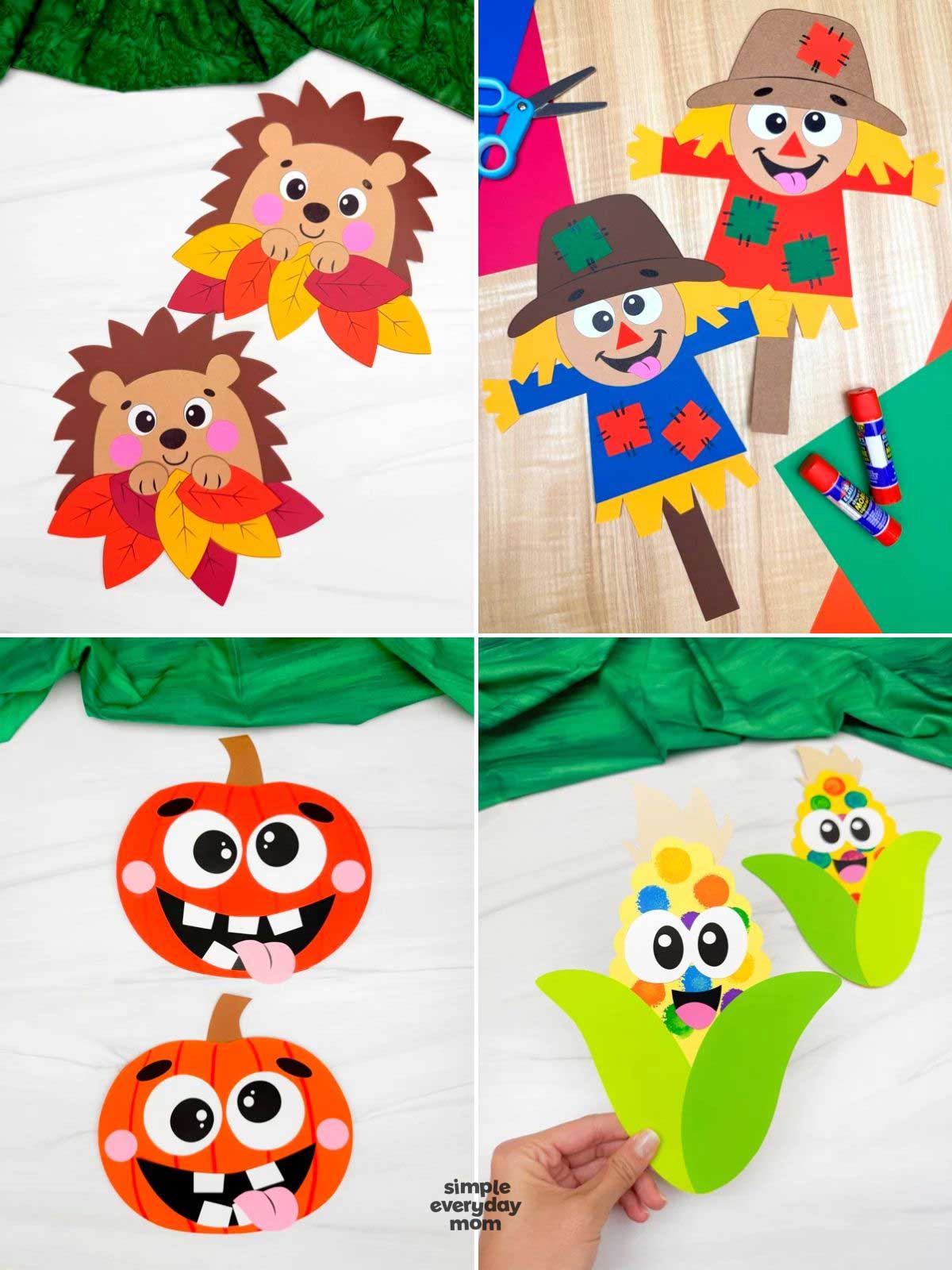 Four-panel collage of colorful fall paper crafts for children, featuring hedgehogs with autumn leaves, scarecrows, smiling pumpkins, and corn cobs with cartoon faces.