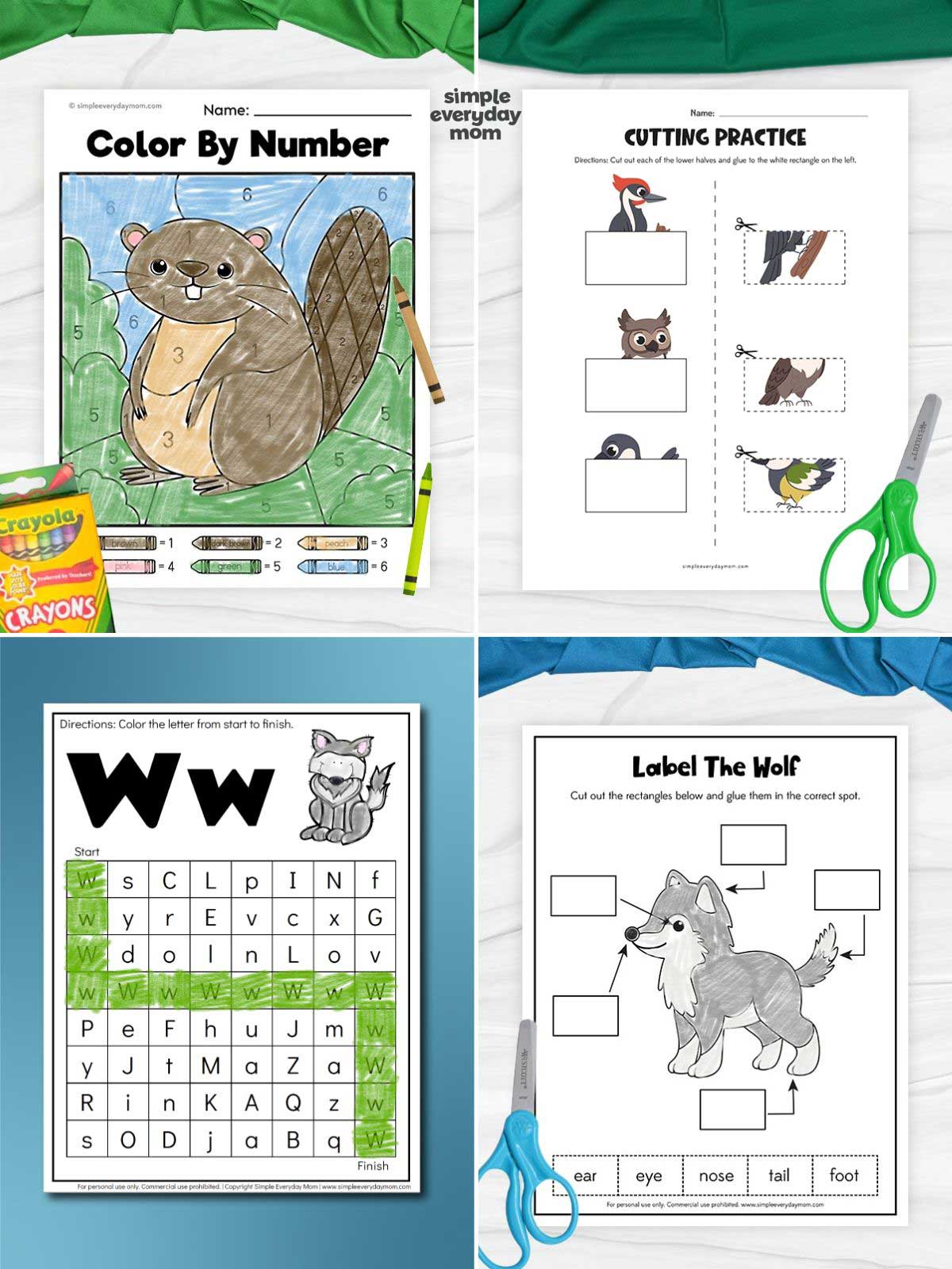 Four woodland animal learning worksheets featuring a beaver color-by-number, bird cutting practice, letter W maze with a wolf, and wolf body-part labeling activity.