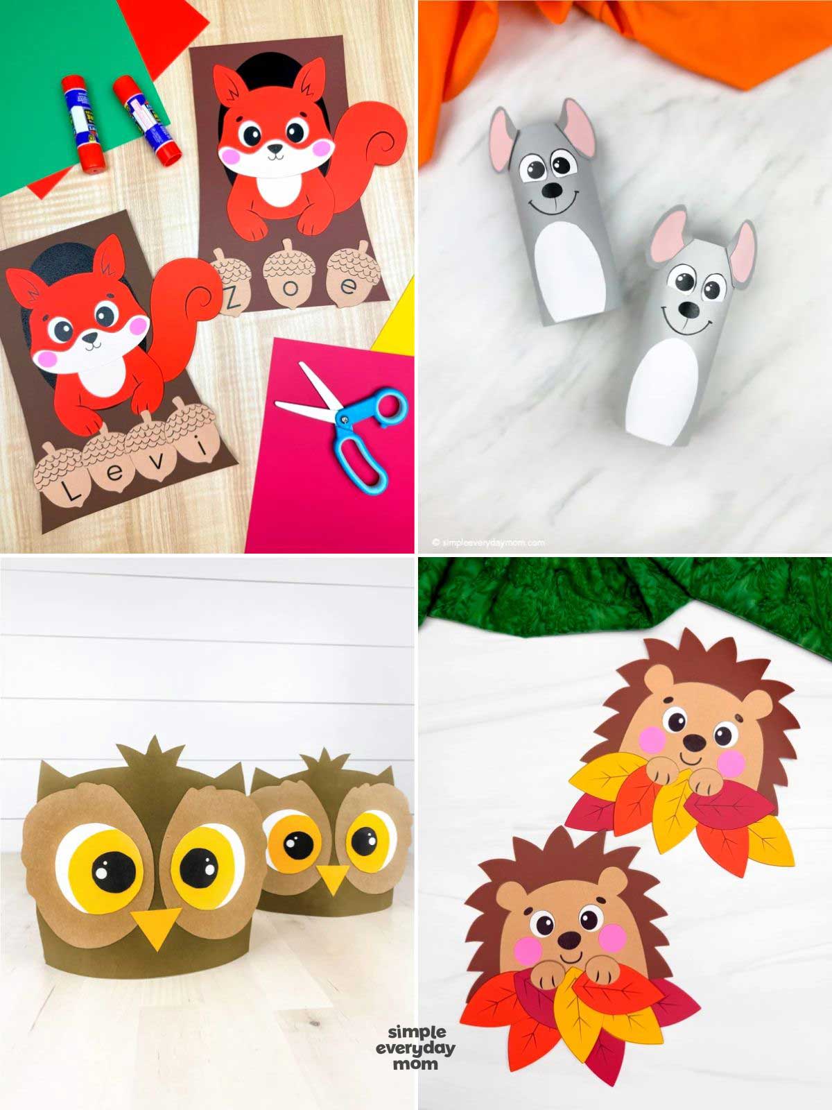 Four-panel collage of woodland animal crafts for children, featuring squirrel acorn-letter activities, paper mice, owl headbands, and hedgehogs holding colorful autumn leaves.