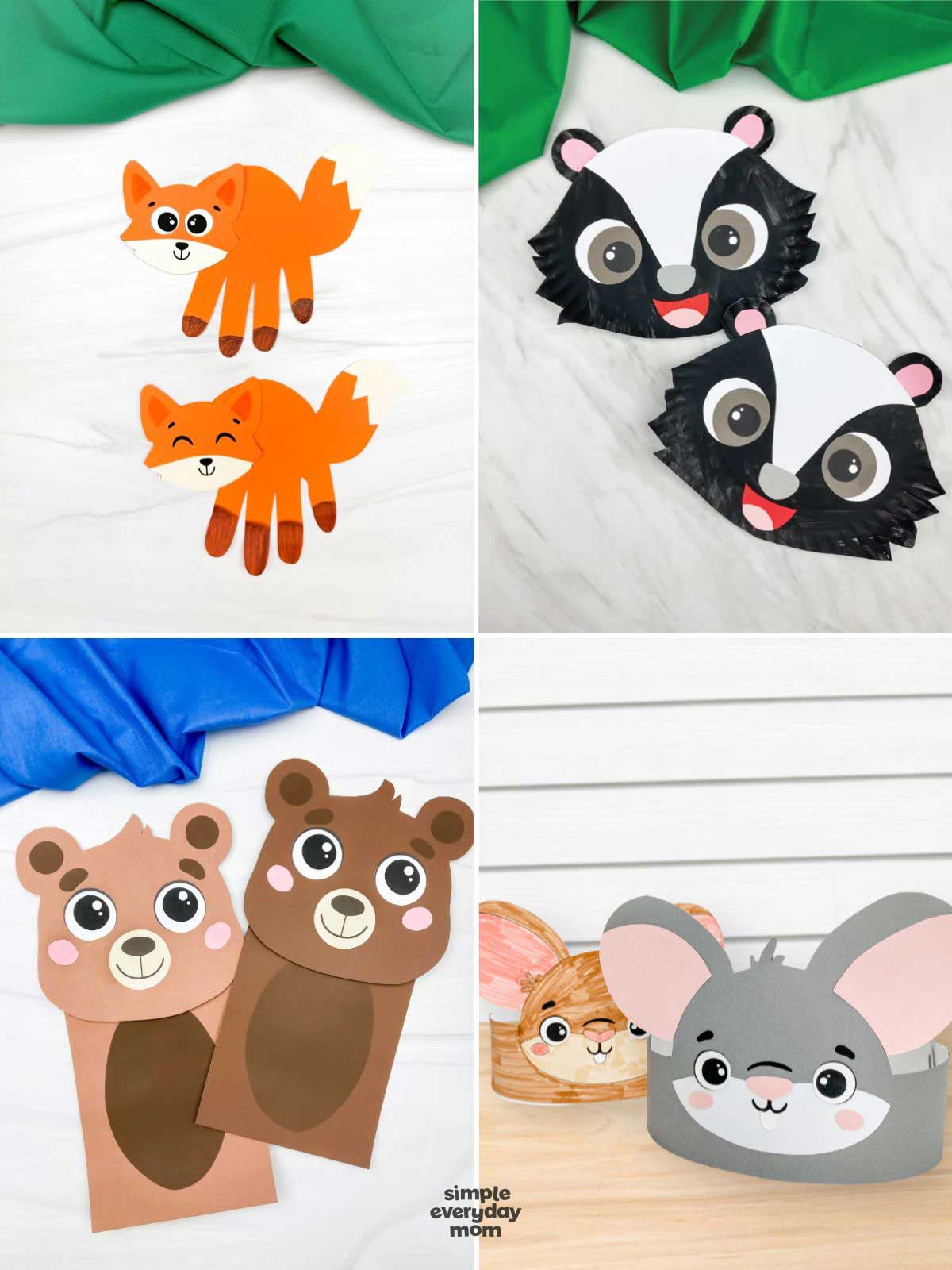 Collage of four woodland animal crafts featuring orange foxes, paper plate skunks, brown bear puppets, and gray mouse headbands.