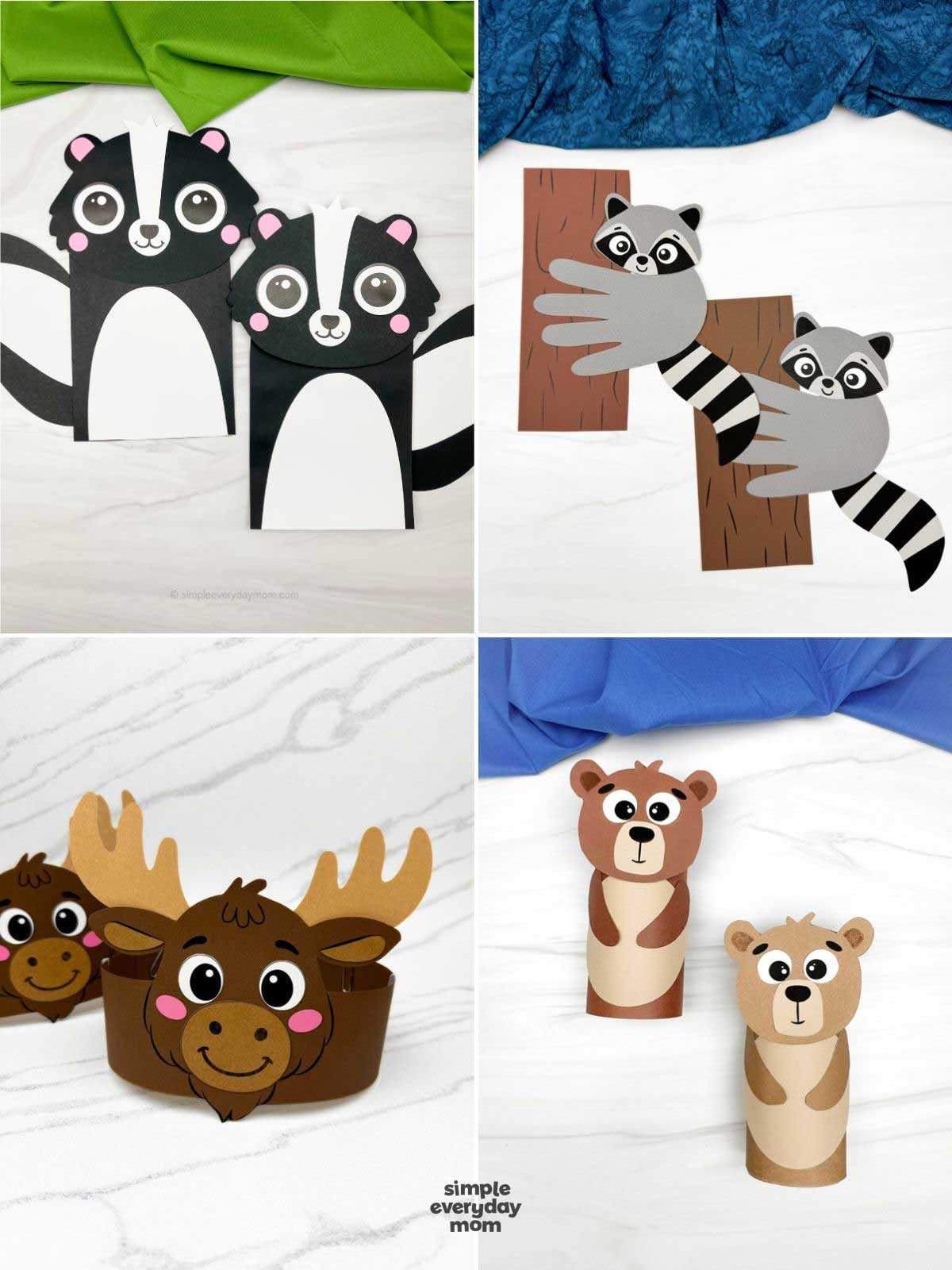 Four woodland animal paper crafts featuring skunks, raccoons hugging tree trunks, moose headbands, and bears made from paper rolls.