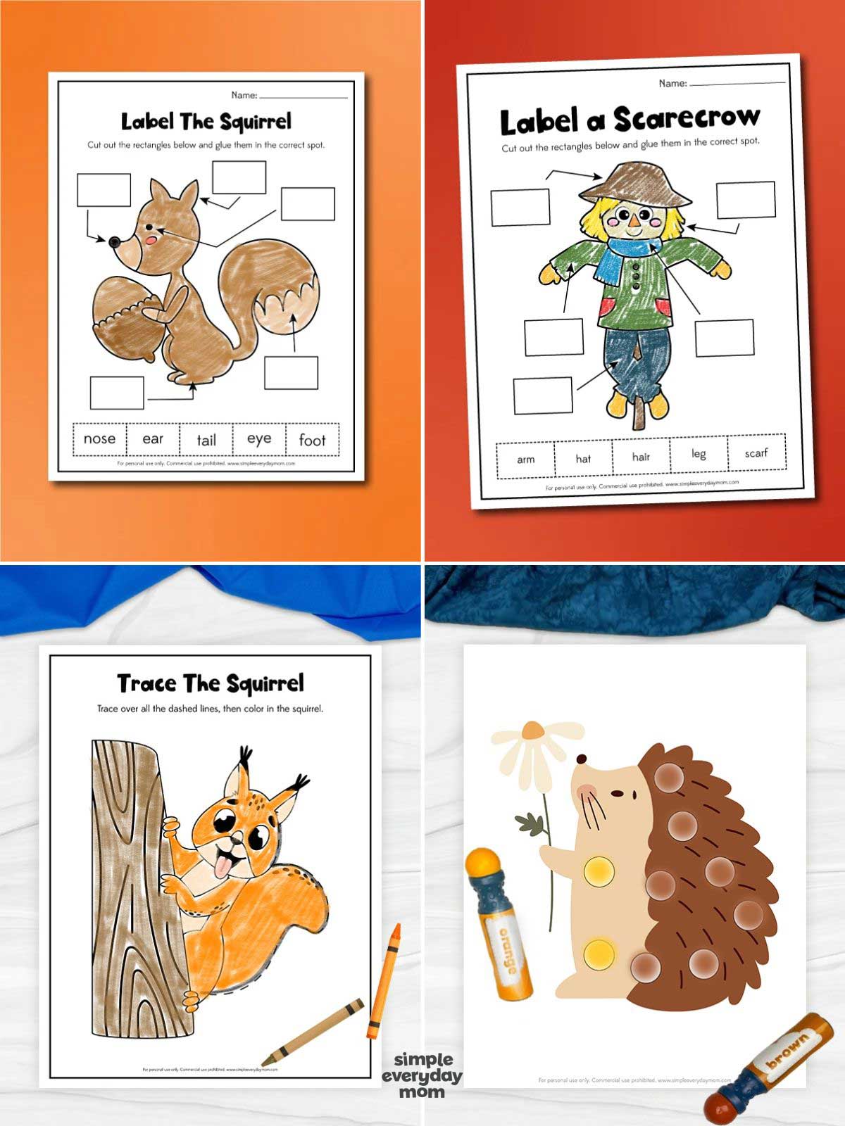 Collage of four fall activity worksheets featuring squirrel and scarecrow labeling, squirrel tracing and coloring, and a hedgehog dot-marker activity.