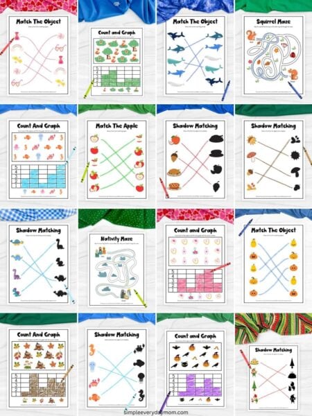 collage image of kids' activity pages that include matching graphing, and more
