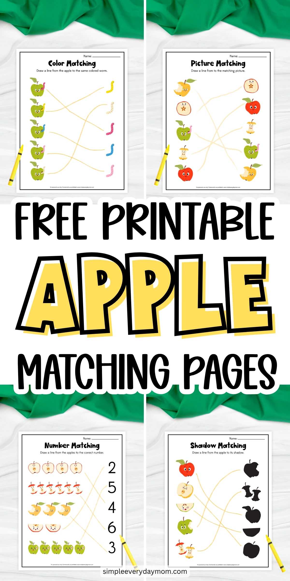 Free printable apple matching worksheets featuring color, picture, number, and shadow matching activities for young children.