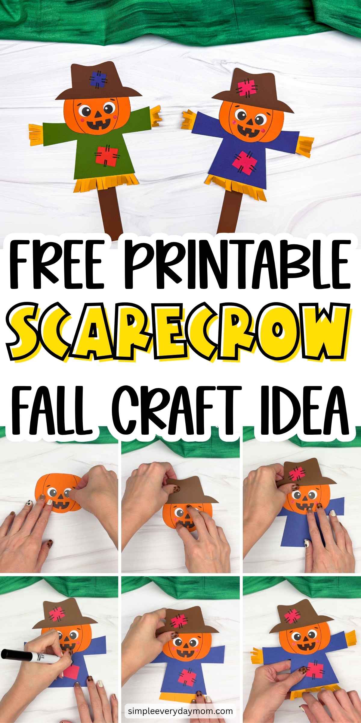 Collage showing completed pumpkin head scarecrows and steps for assembling the fall craft.