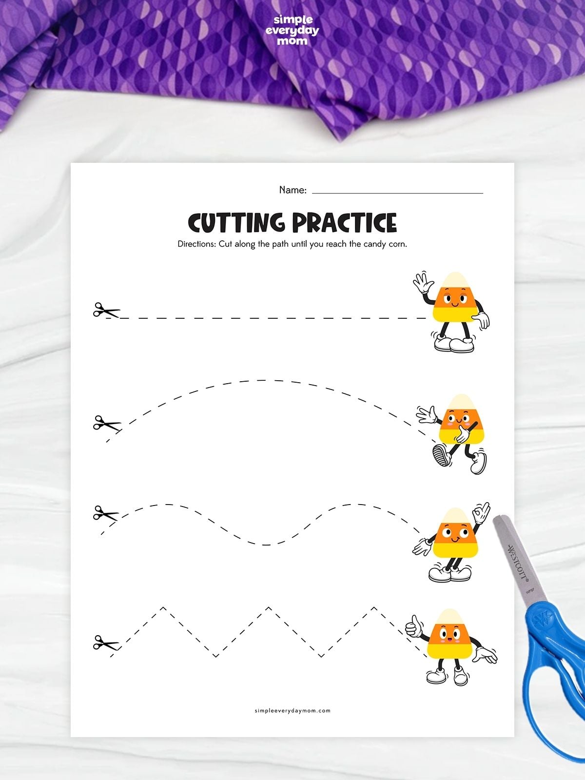 Candy Corn Cutting Practice Printables with straight, curved, wavy, and zigzag lines for preschool scissor skills and fine motor practice.