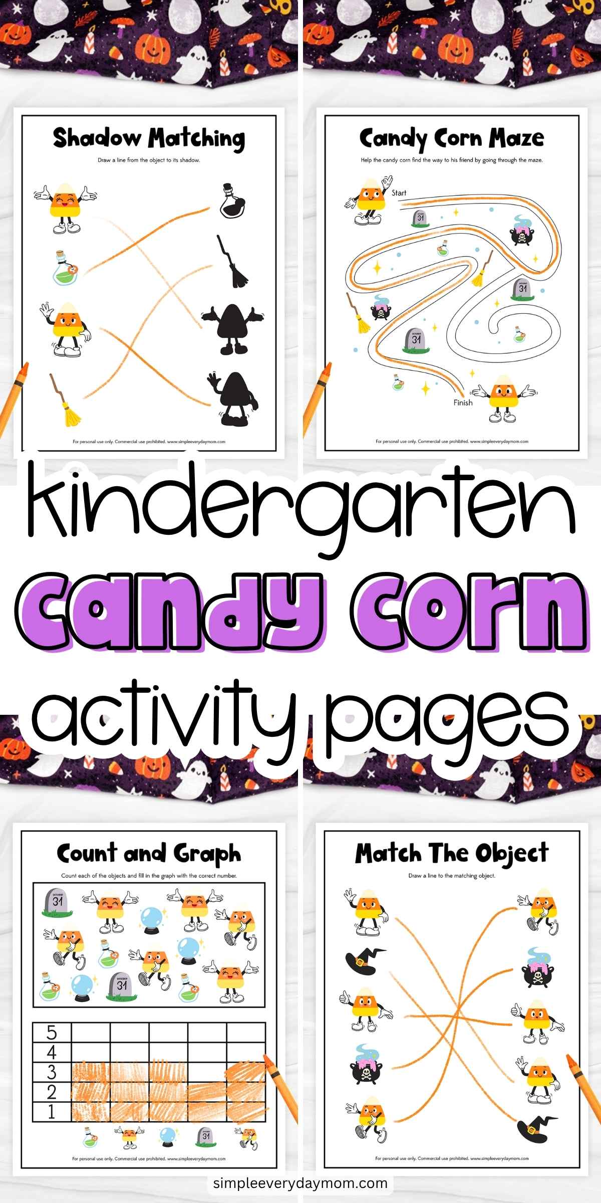 Four kindergarten candy corn activity worksheets featuring shadow matching, a Halloween maze, counting and graphing, and object matching with candy corn characters and spooky-themed items.