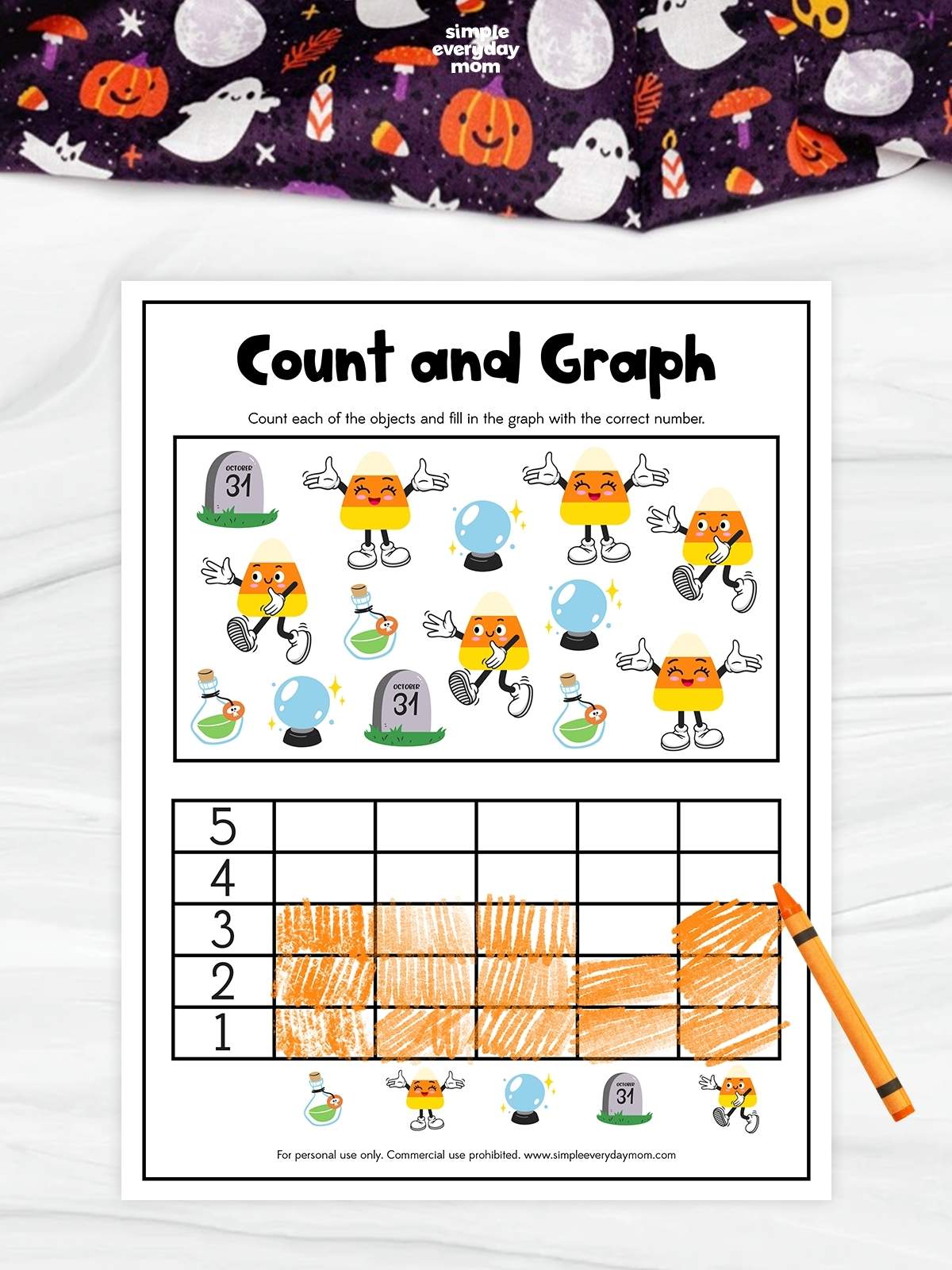 “Count and Graph” Halloween worksheet featuring candy corn characters, potion bottles, crystal balls, and October 31 gravestones, with an orange-colored graph showing the counted totals.
