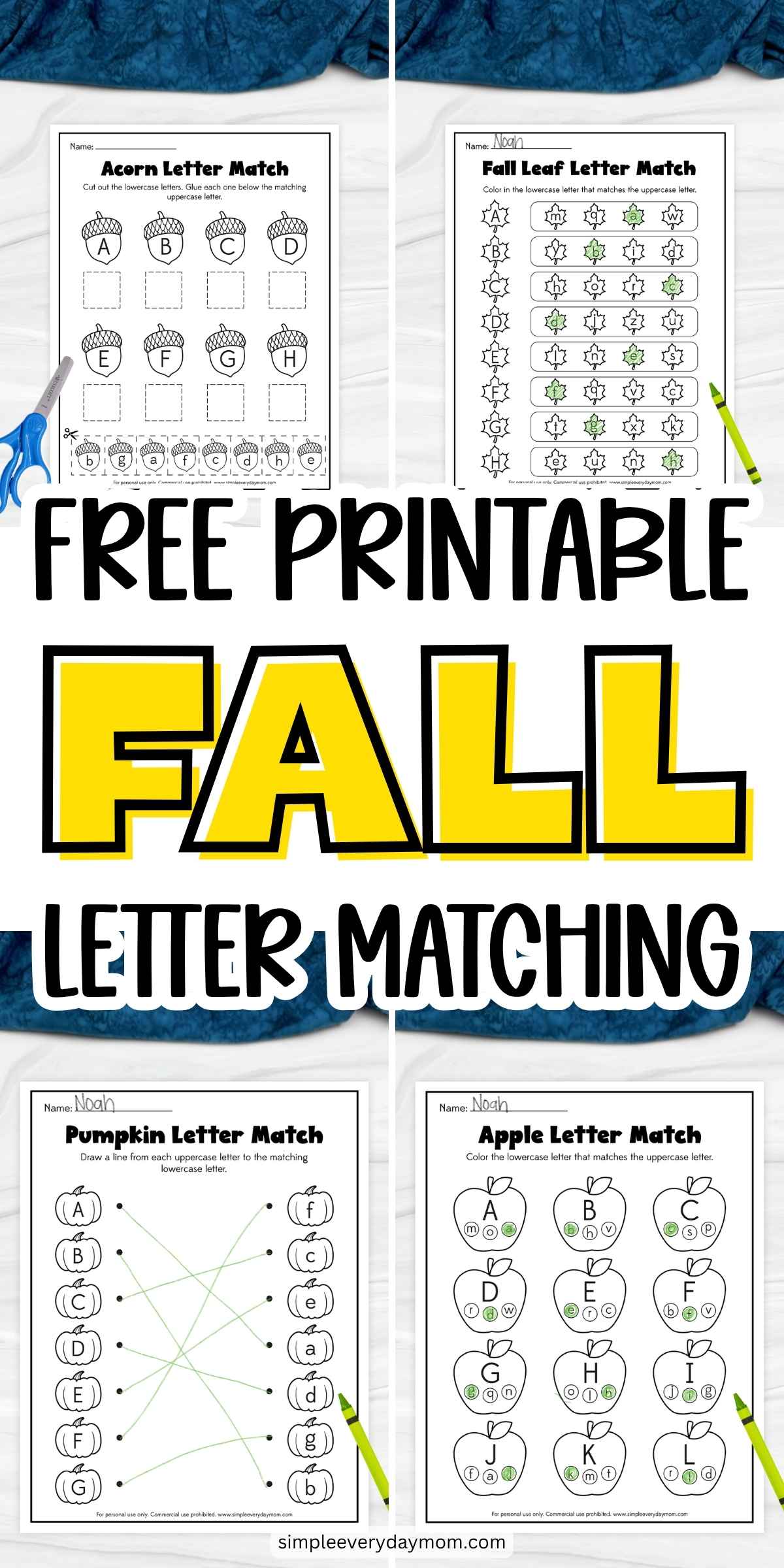 Free printable fall letter matching worksheets featuring acorn, leaf, pumpkin, and apple activities for practicing uppercase and lowercase letter recognition.
