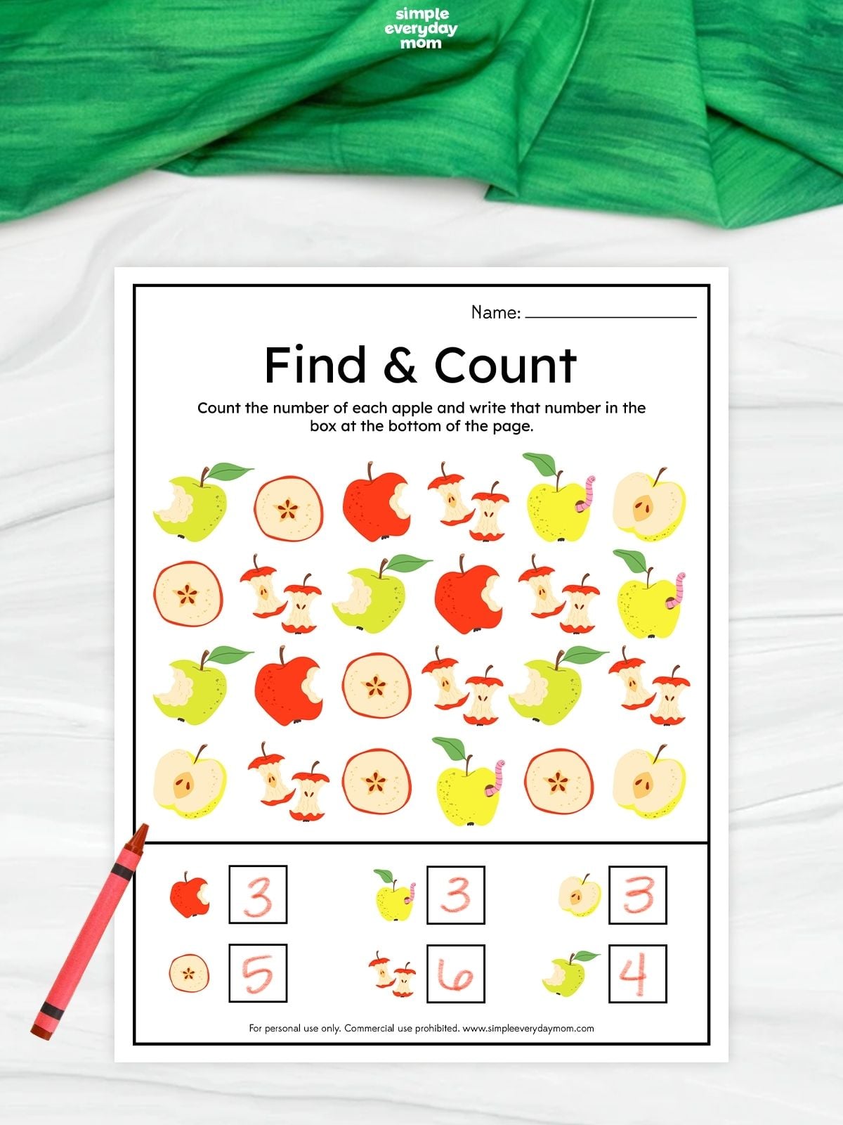Find and count apple worksheet with different apple pictures and written totals for kindergarten counting and number recognition practice.