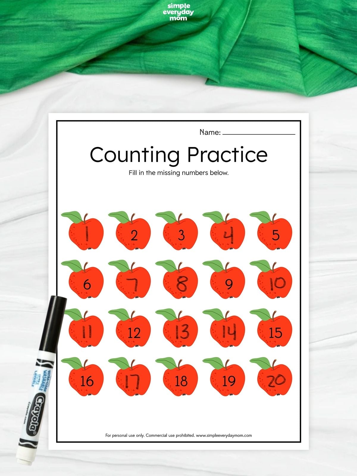Counting practice printable with apples numbered 1 to 20 and missing numbers for preschool and kindergarten kids to fill in.