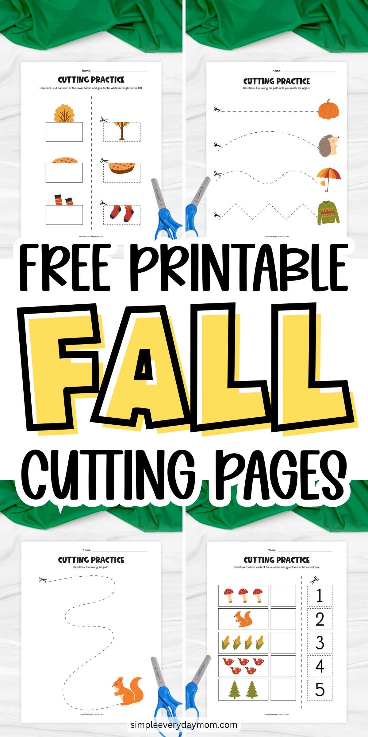 Collage of four fall cutting practice worksheets featuring tracing paths, matching activities, and autumn-themed pictures.