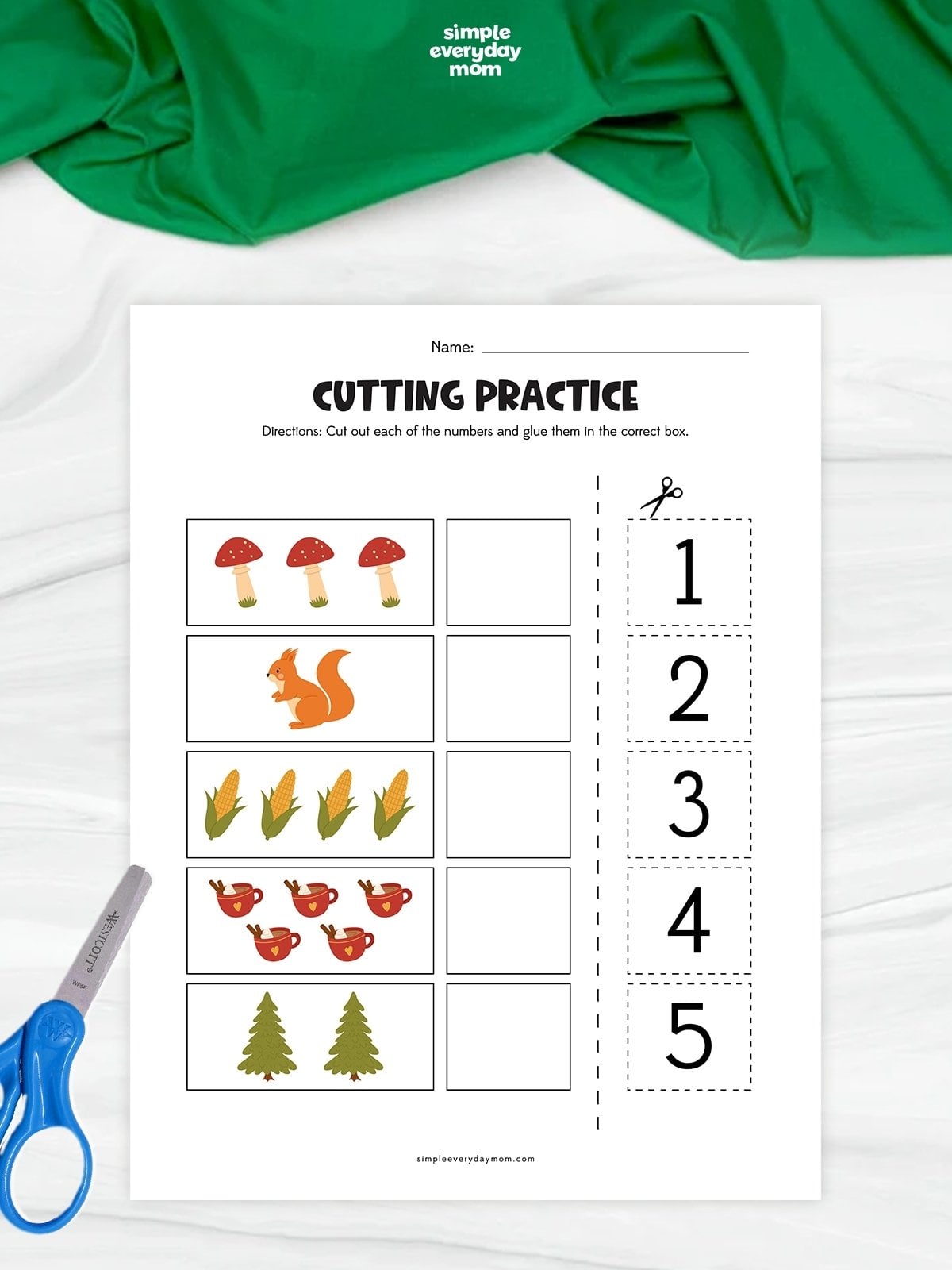 Hands-on fall cutting practice worksheet with counting pictures and numbers 1 through 5 to cut and match.