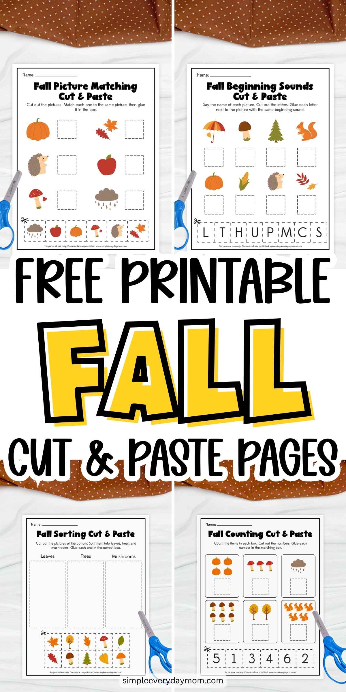 Collage of printable fall cut and paste worksheets for kindergarten featuring counting, sorting, beginning sounds, and picture matching activities.