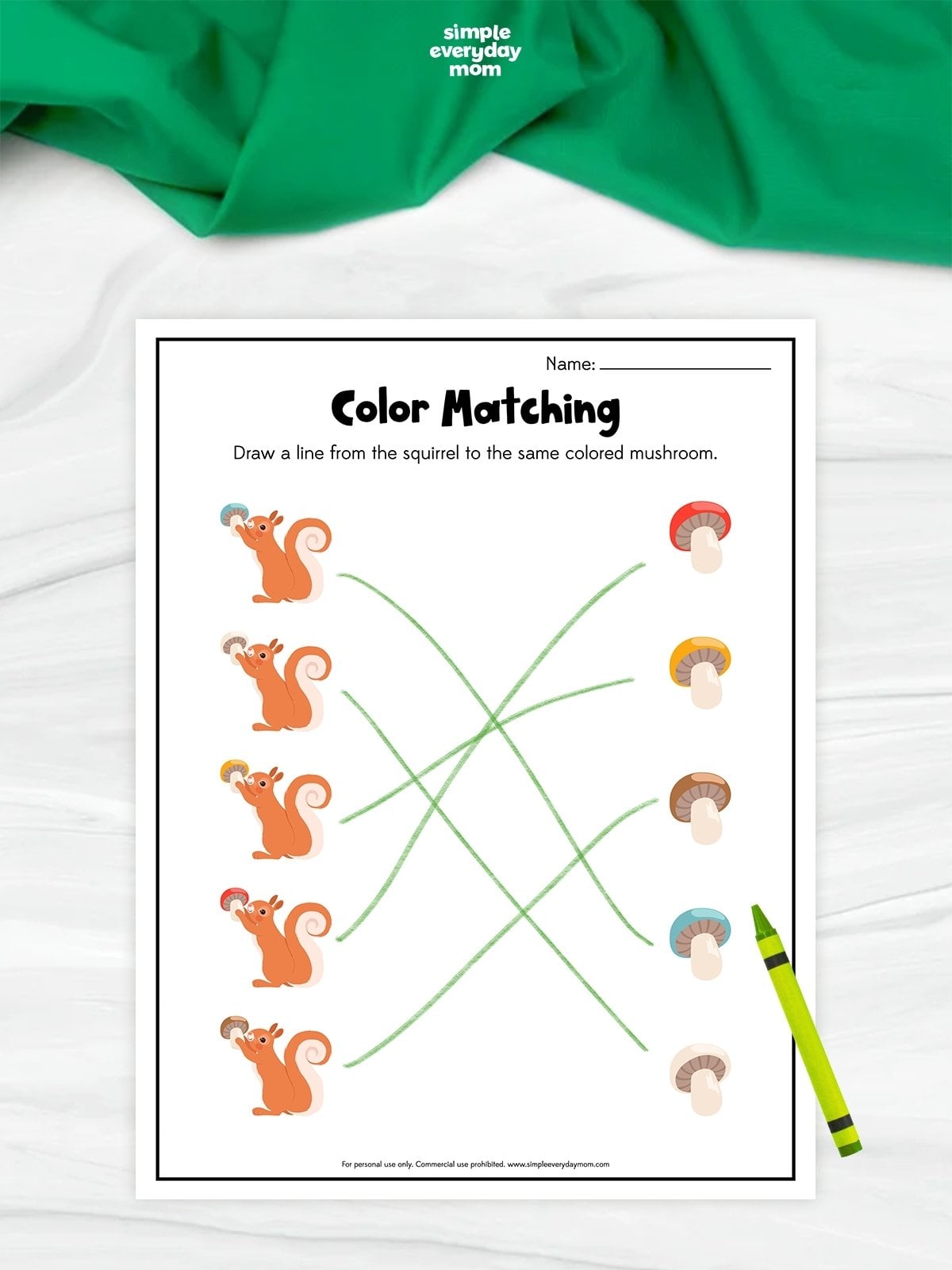 Color matching squirrel worksheet for preschoolers with a draw-the-line activity matching squirrels to the same colored mushrooms.