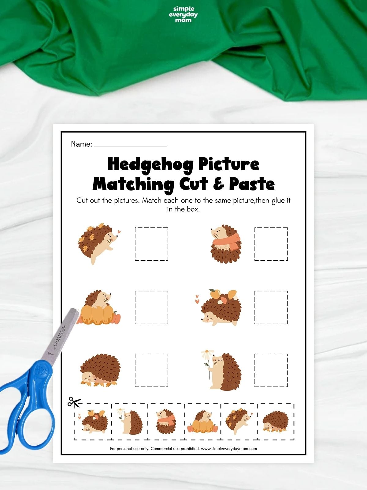 A printable hedgehog picture matching cut and paste worksheet with six hedgehog images for preschoolers to practice visual matching and scissor skills.