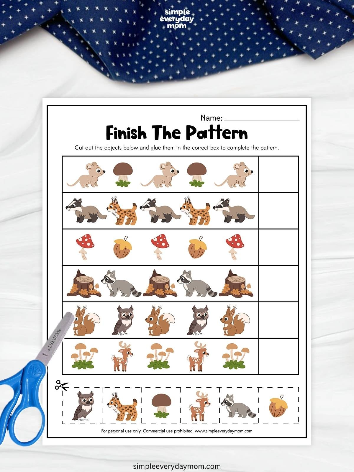 Woodland animal pattern worksheet with repeating sequences of forest animals and nature objects, plus cutout pieces to complete each pattern.