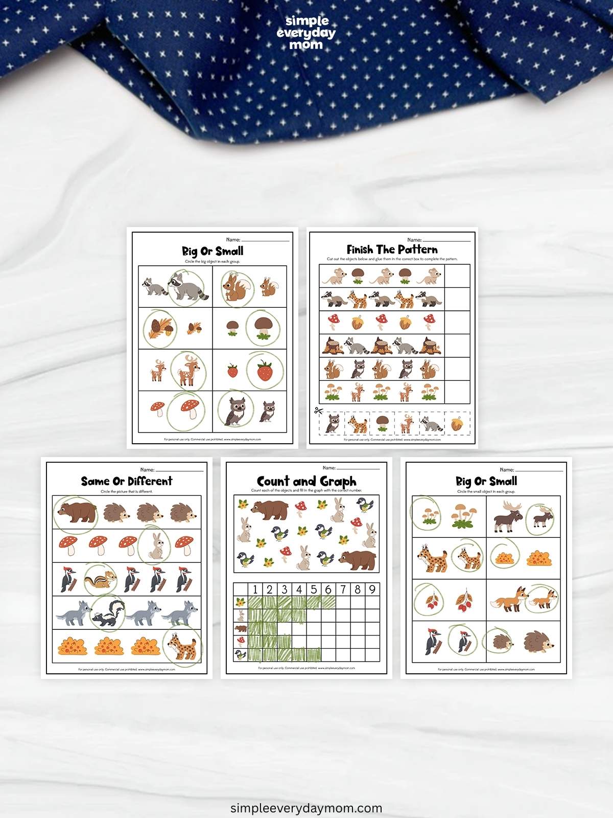 Five woodland animal preschool worksheets featuring big-or-small, pattern completion, same-or-different, and counting and graphing activities.