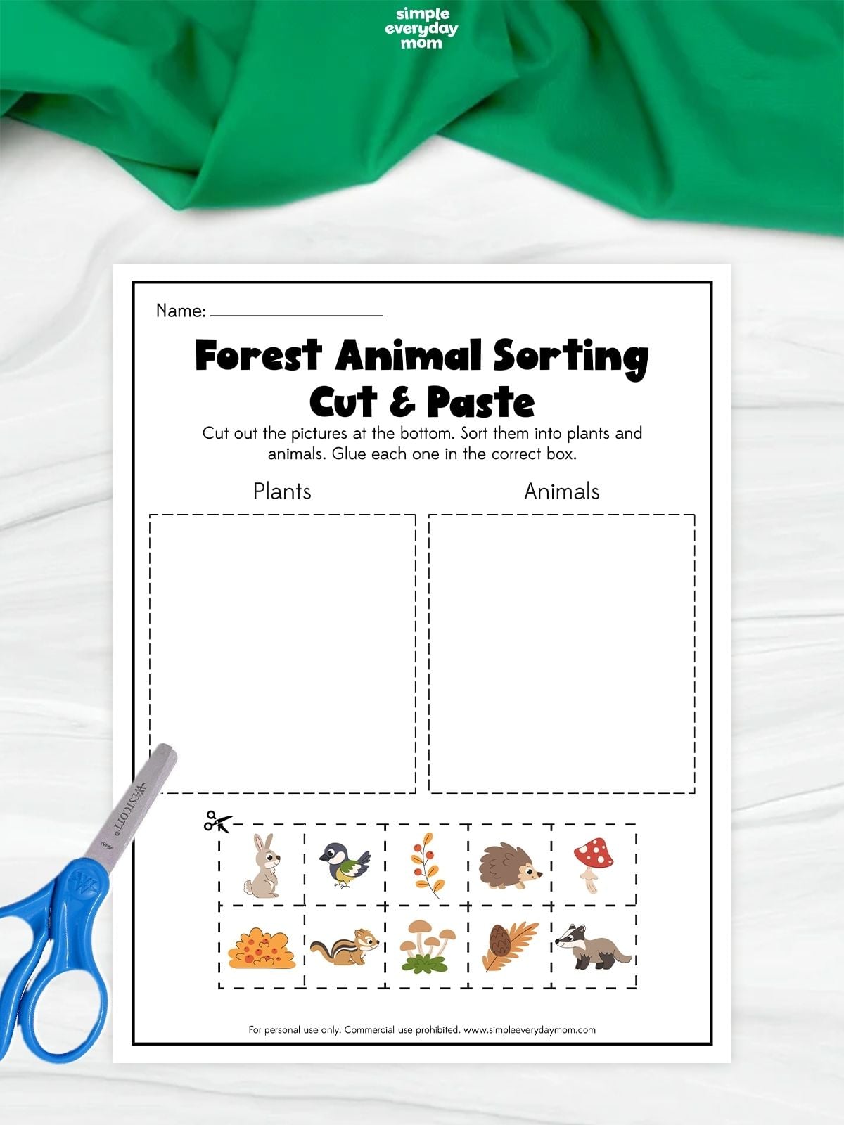 Forest animal sorting cut-and-paste worksheet with two boxes labeled ‘Plants’ and ‘Animals’ and pictures of woodland plants, animals, and mushrooms to cut out and sort.