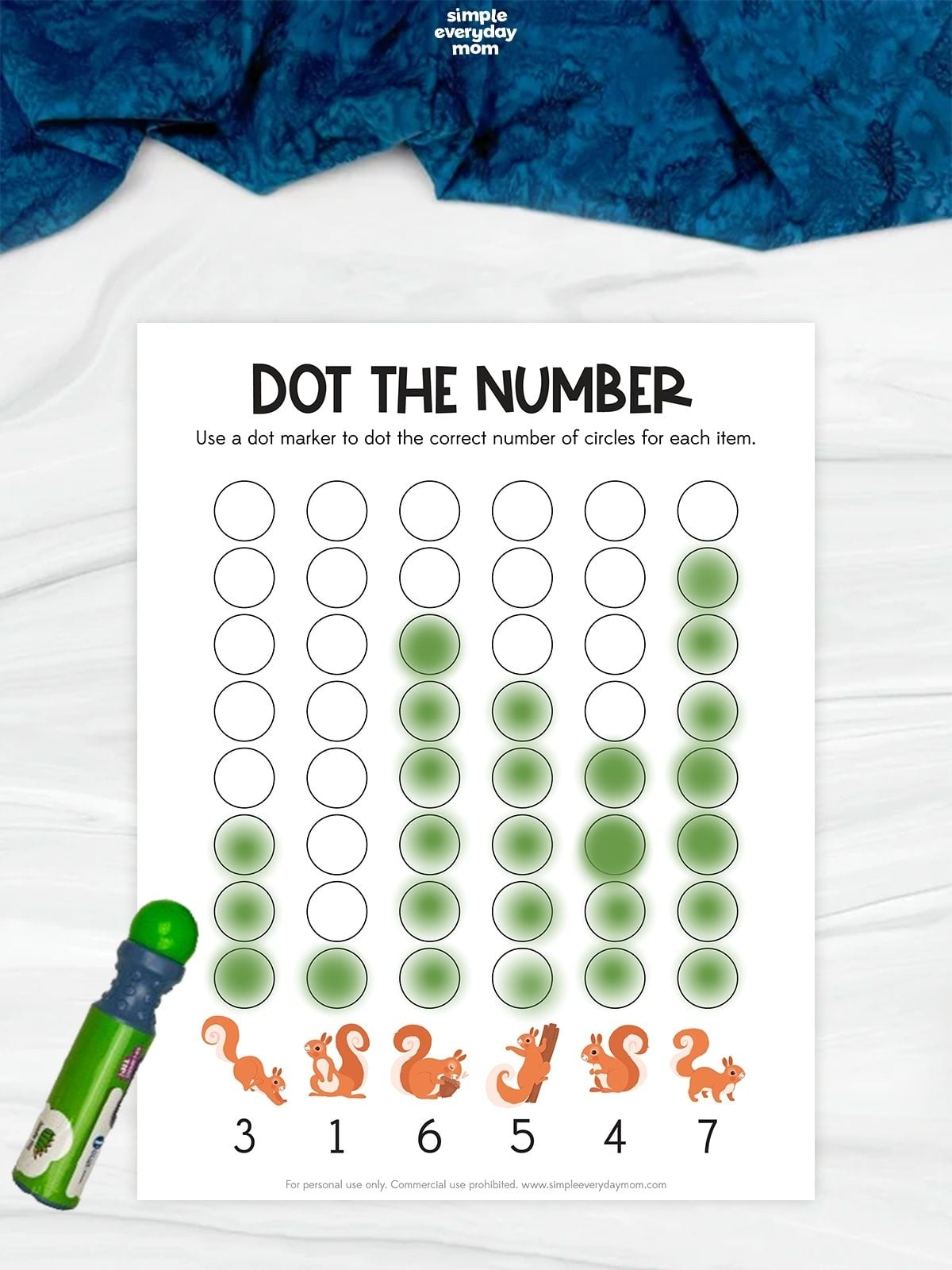 Squirrel-themed number dot-marker worksheet with six columns of circles for students to mark according to the numbers 3, 1, 6, 5, 4, and 7.