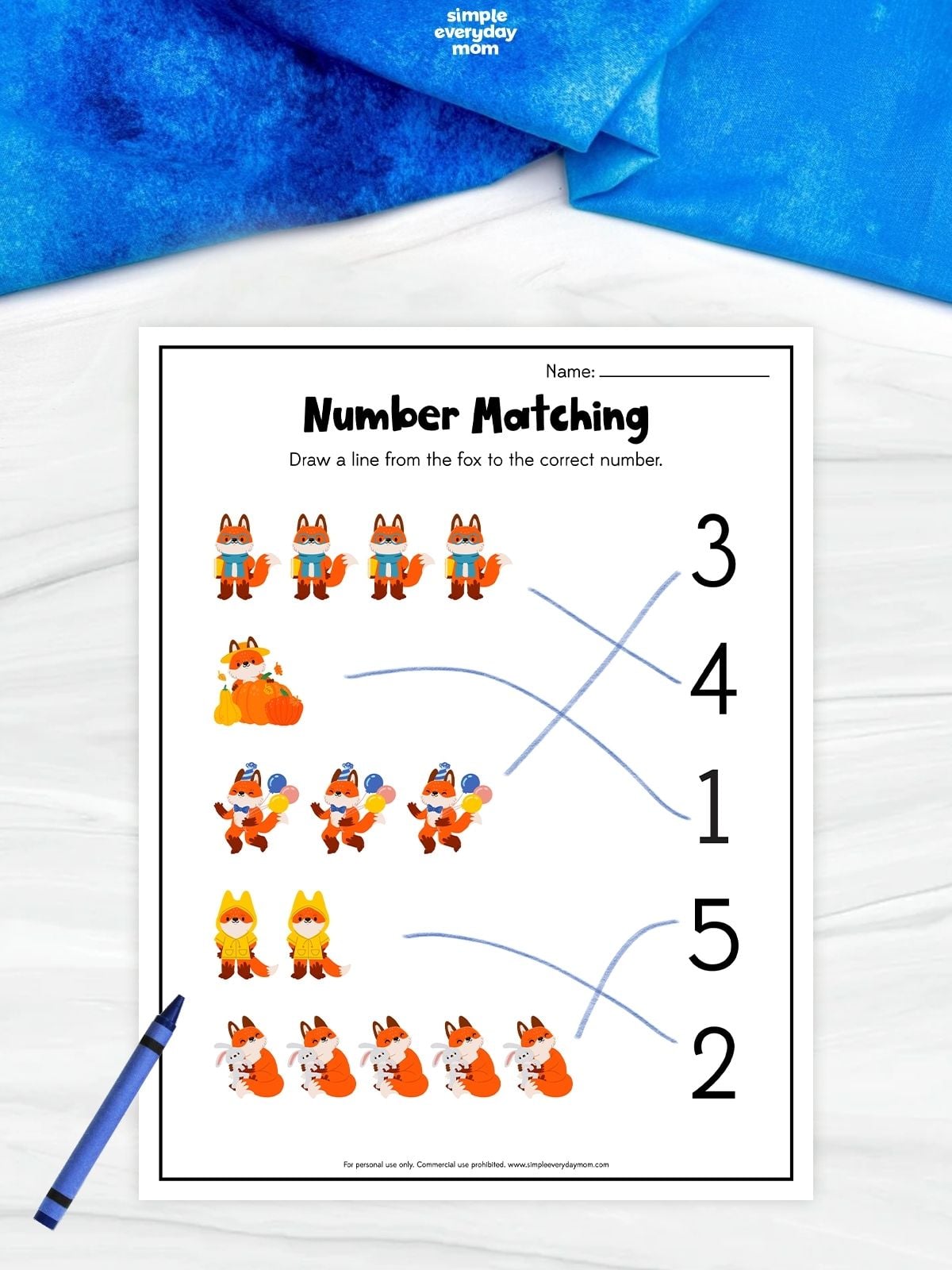 Fox-themed number matching worksheet with groups of one to five foxes and lines connecting each group to the corresponding number.