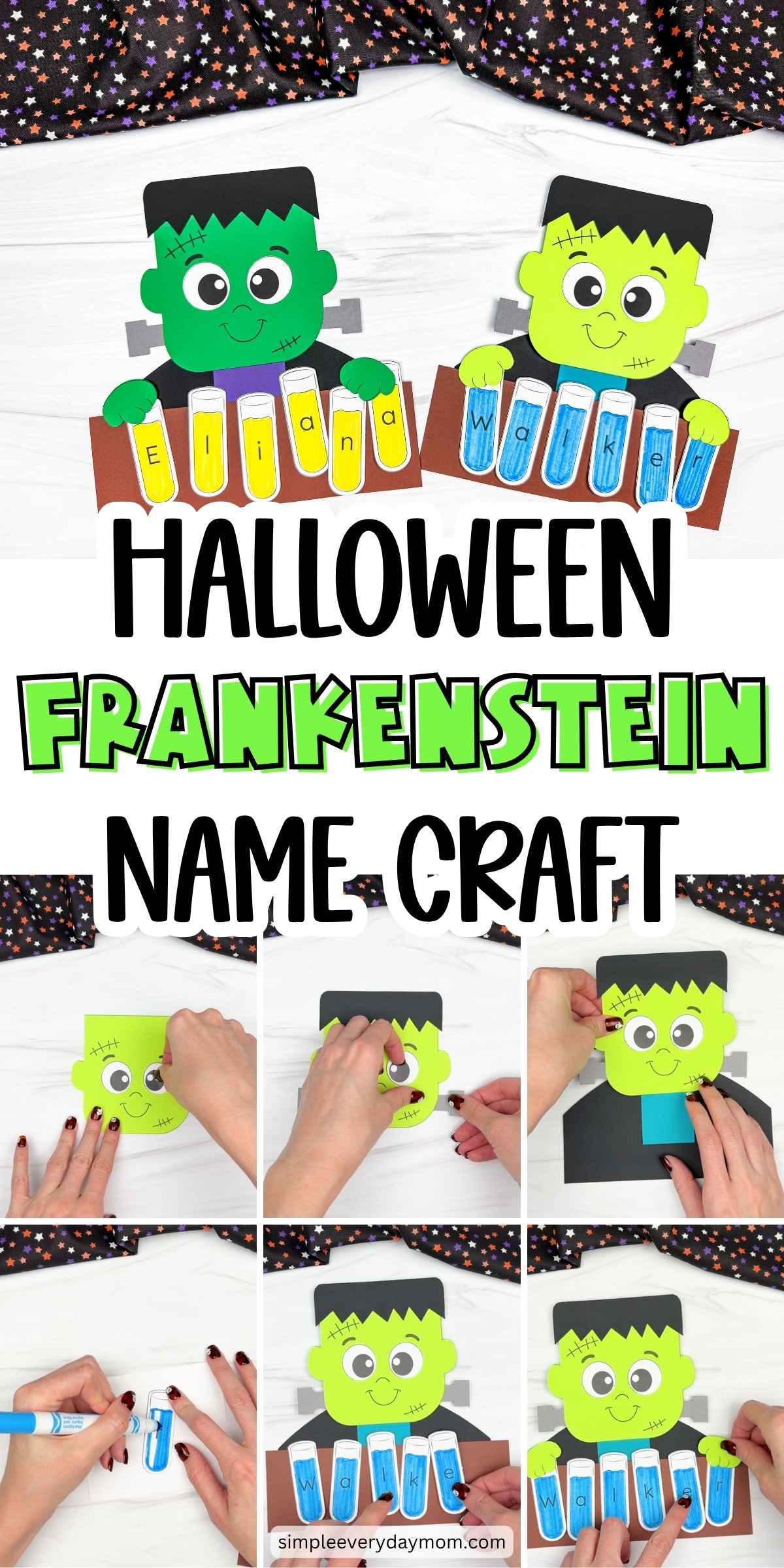 Collage showing completed Halloween Frankenstein name crafts and steps for assembling and personalizing the craft with lettered test tubes.