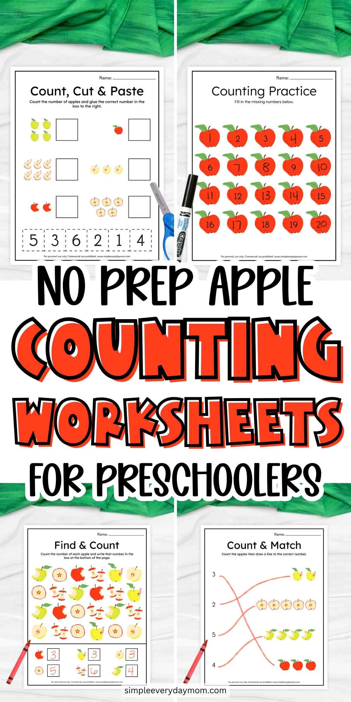 Collage of printable apple counting worksheets for preschoolers featuring cut and paste, number writing, counting, and matching activities.