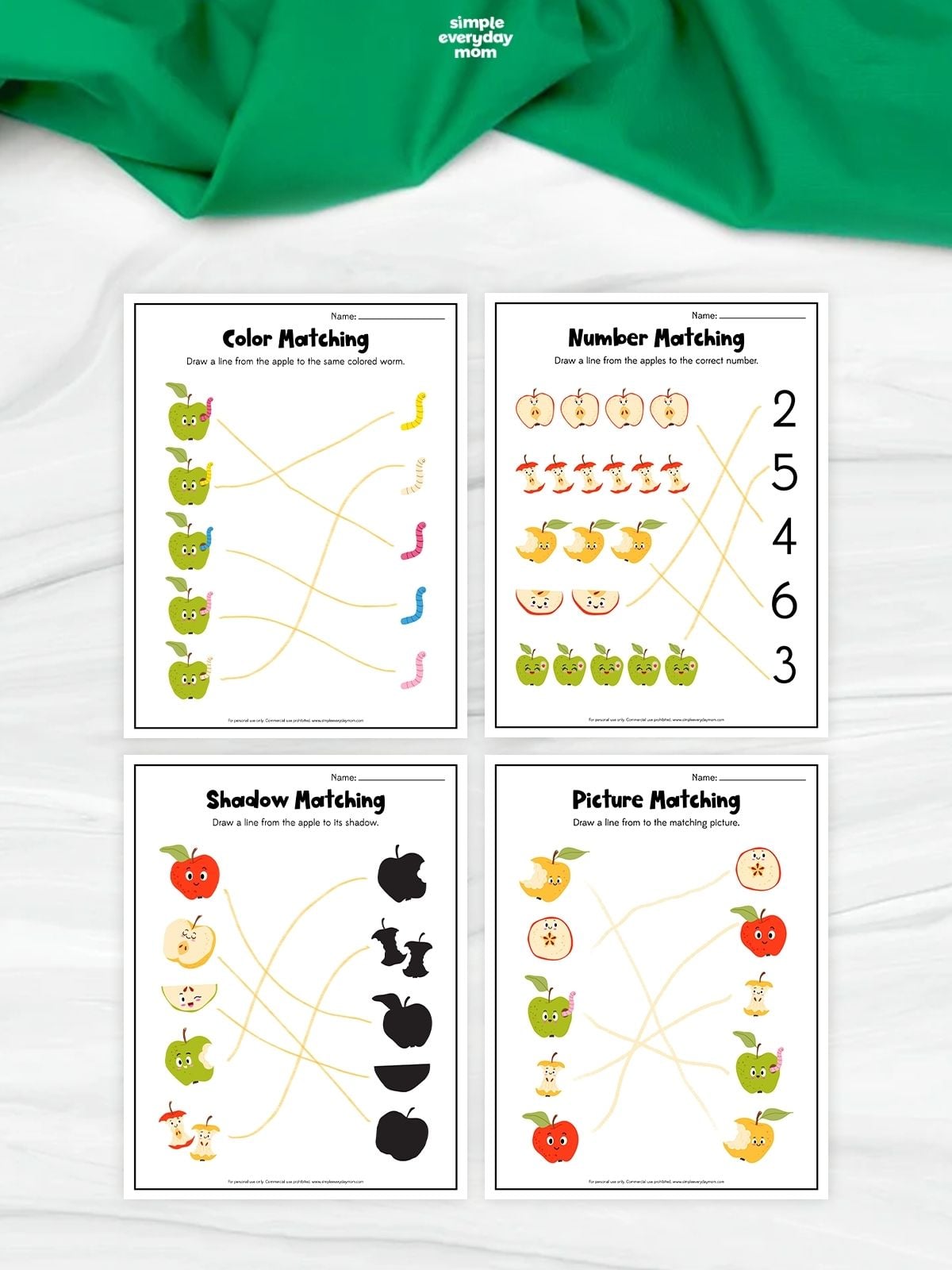 Four apple-themed preschool worksheets featuring color, number, shadow, and picture matching activities with completed matching lines.